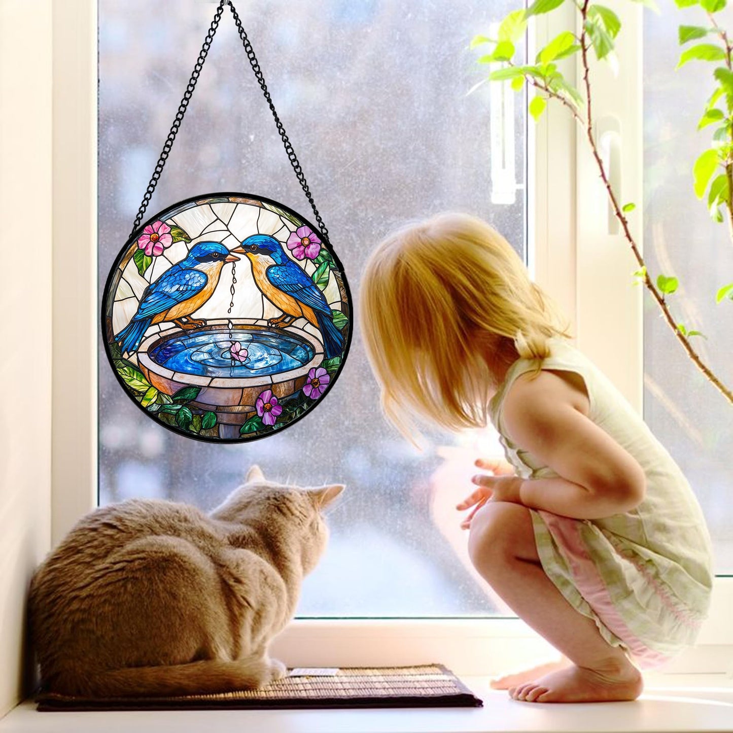 DASTOLL Stained Glass Window Hanging, 2 Blue Birds Suncatcher Diamond Glass Panel Hangings Bird Lover Sun Catchers Decor for Birthday for Women, Men, Wife, Aunt, and Mom 6.3 in