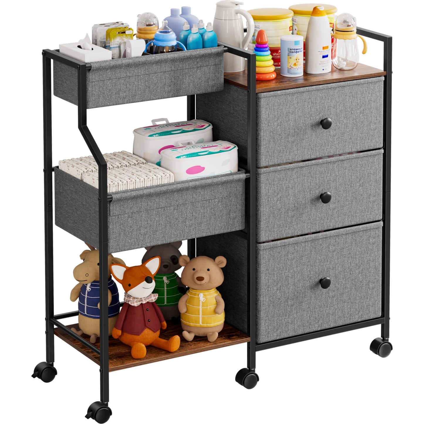 Modanais Baby Diaper Caddy Organizer Cart - 3 Tier Rolling Cart with Dividers and Drawers, Easy To Assemble, Mobile Utility Cart with Wheels for Nursery, Bedroom, Changing Table & Crib