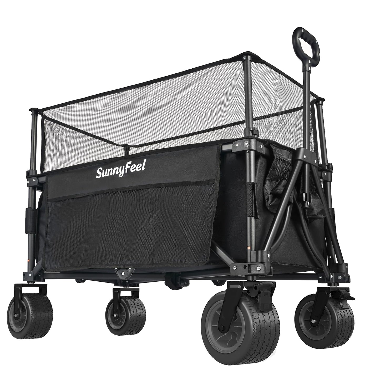 SUNNYFEEL Extra Large Folding Wagon 300L - 500LBS Heavy Duty Beach Wagon Cart with Big All-Terrain Wheels, Stable Frame, Adjustable Handle for Camping, Groceries, Shopping (Black, Tall Version)
