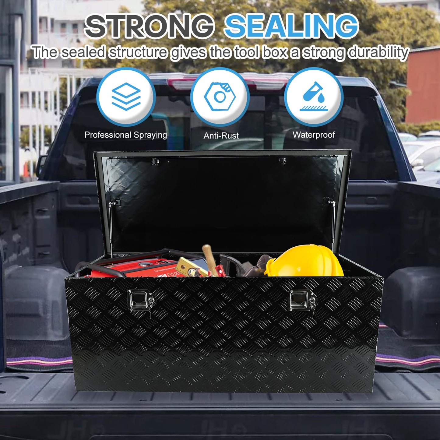 BLACKHORSE-RACING 48 Inch Heavy Duty Aluminum Tool Box Pick Up Truck Bed RV Trailer Toolbox Square Storage Organizer with Side Handle, Lock and Keys- Black48 x 19.5" x 17.5 "