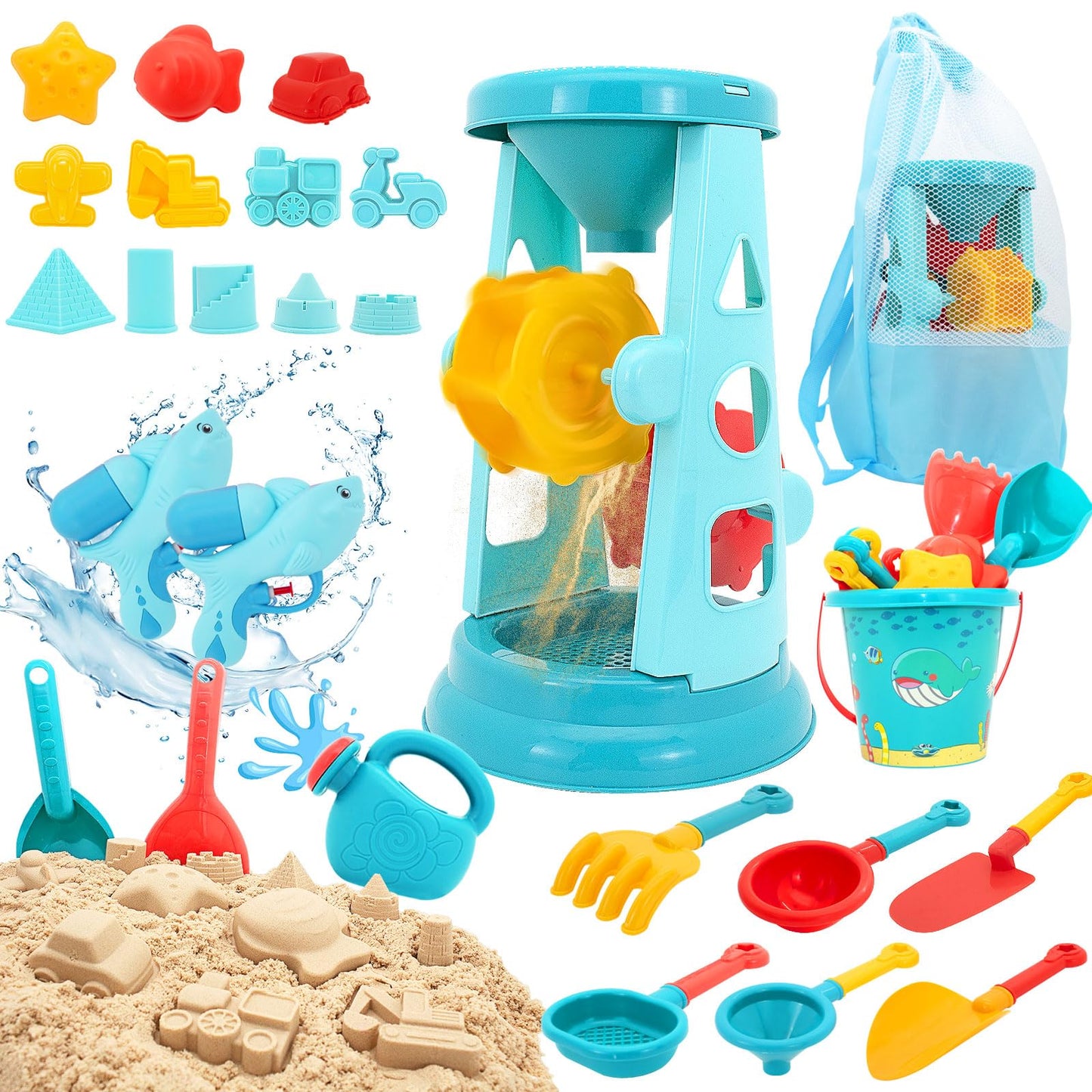 LUCKFUTURE Beach Toys, 25 Pcs Sand Toys Set for Kids Including Water Gun, Sifting Funnel, Bucket, Watering Can, Sand Molds & Mesh Beach Toy Bag, Sandbox Toys for Toddlers 3-12