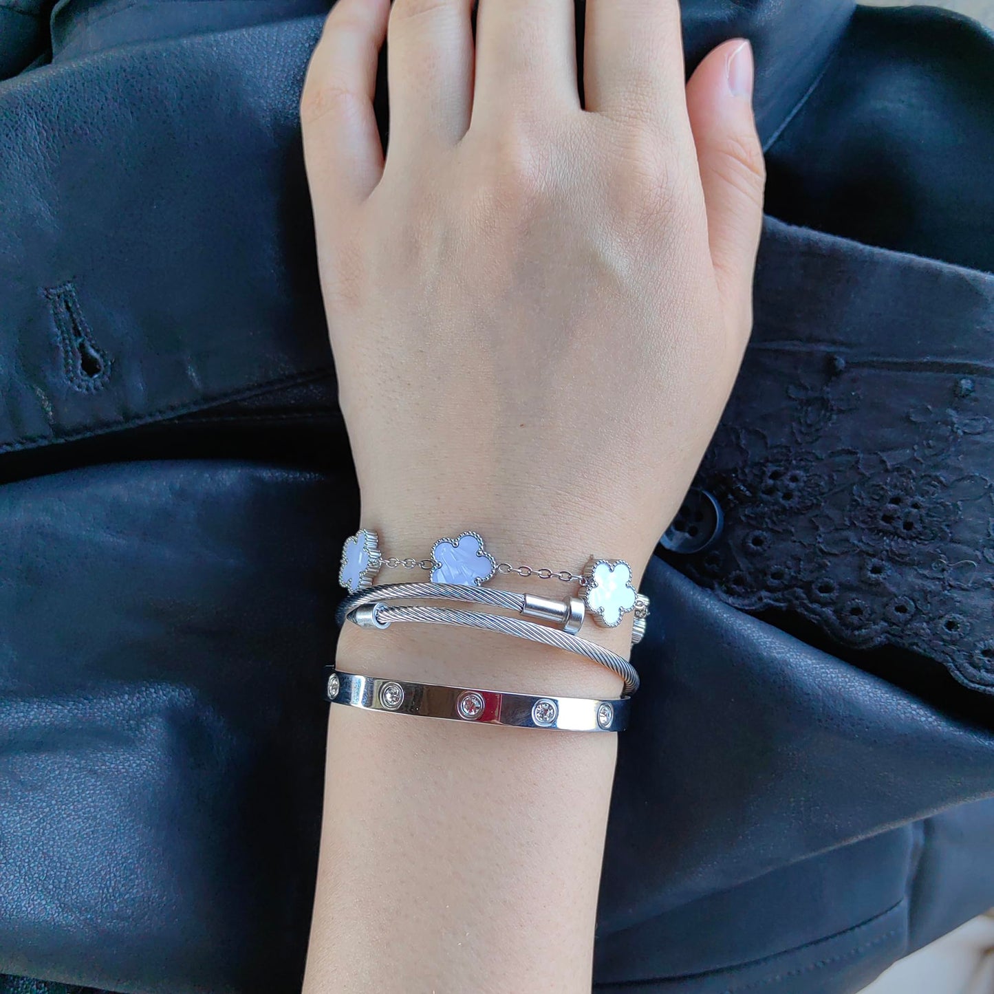 Jade cabbage Gold Bracelets for Women 18K Gold Plated Love Friendship Bracelet With Cubic Zirconia Cuff Bangle Jewelry Set Witness the Gift of Love (Silver 3pcs-A Medium 6.5")