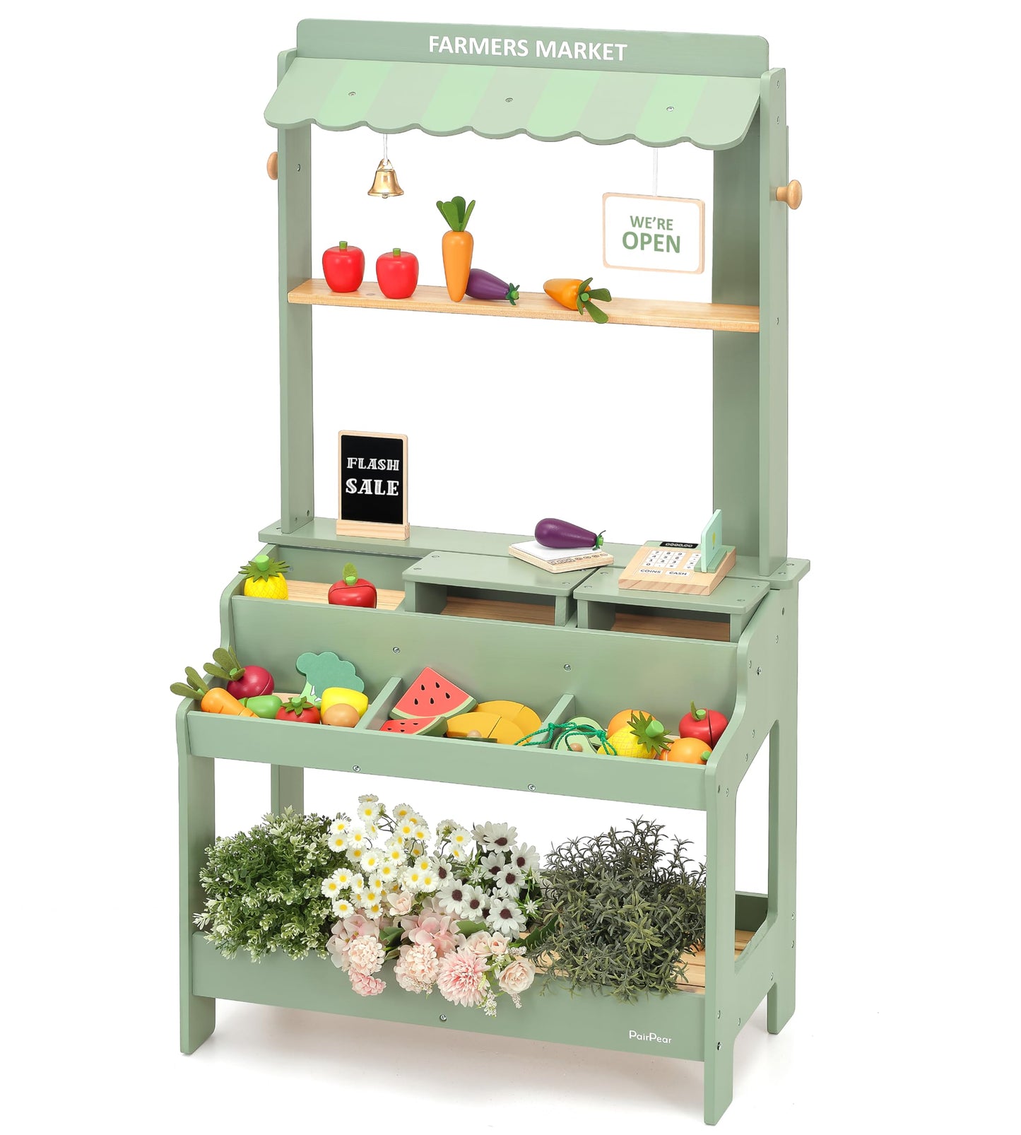 PairPear Wooden Mud Grocery Stand, 2-in-1 Outdoor Market Stand & Mud Kitchen for Kids Outdoor, Montessori Pretend Play Toy with 14 Accessories, Cash Register & Play Food, Ages 3+ in Green