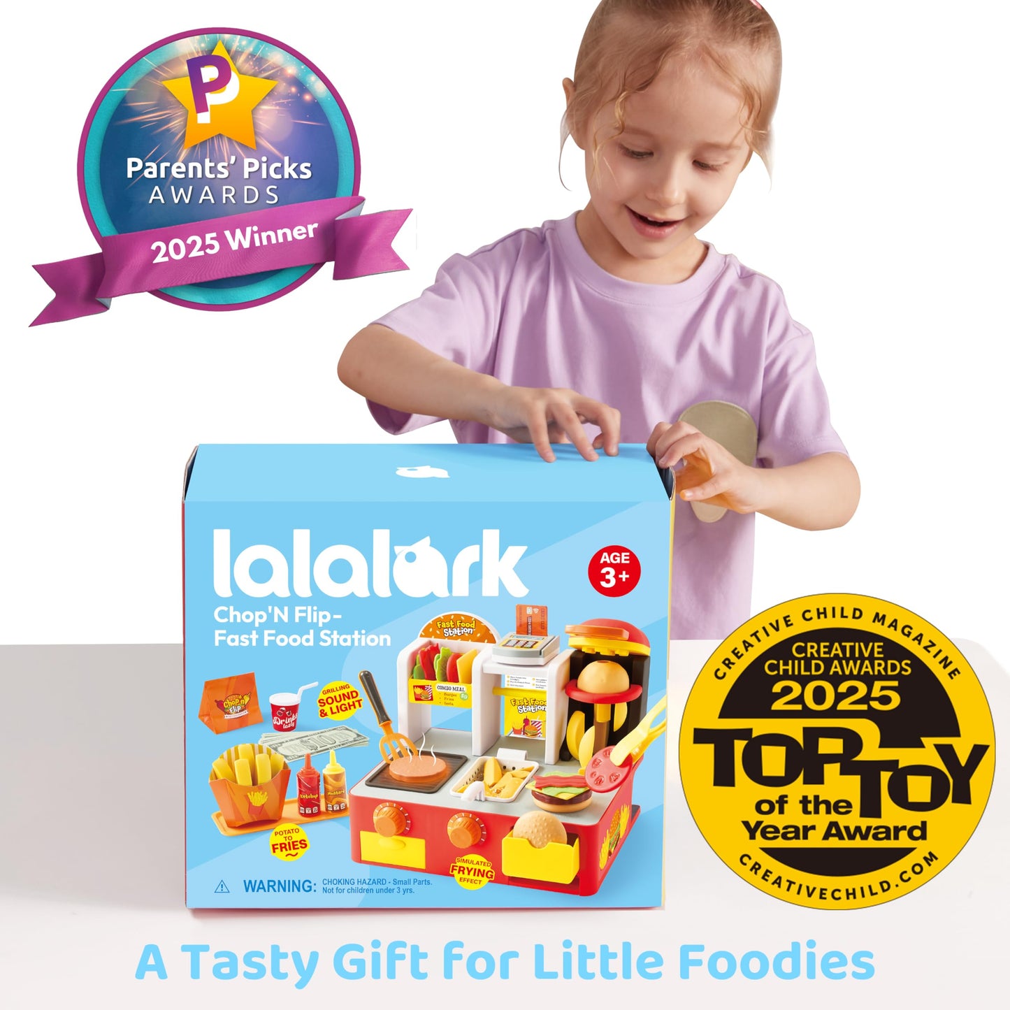 lalalark Restaurant Play Food Set Toy, 40+ PCS Fast Food Playset with Potato Cutter, Simulated Frying Effect & Lights, Order, Card & Drink Station, Interactive Role Play Toy Birthday Gift