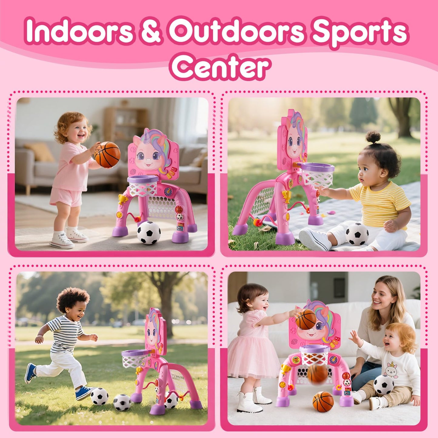 JMMICO Toddler Basketball Hoop & Soccer Goal Activity Center, Interactive Toys with Light Music,Unicorn Toddlers Musical Toys Gift, Baby Birthday Easter Gifts Gift for 1 2 3 Year Old Boys Girls