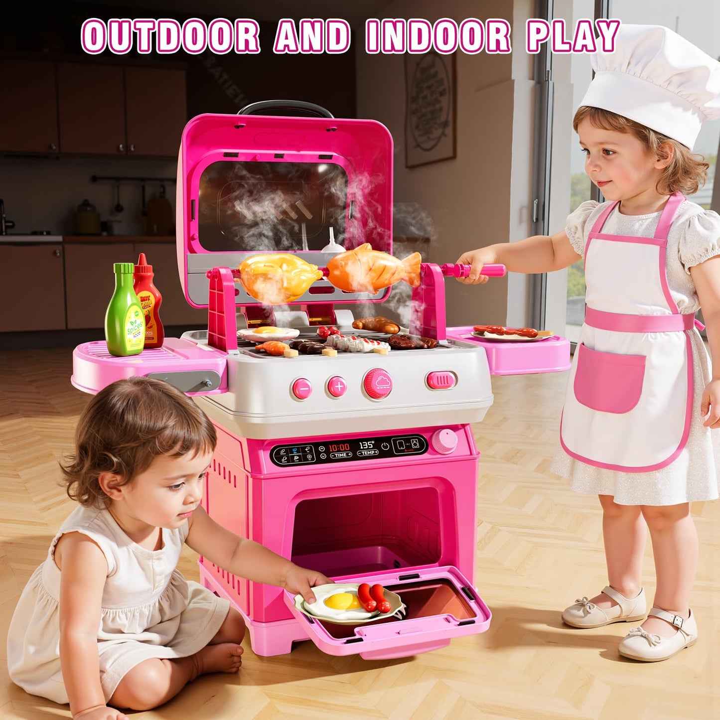 KIZONLY Kids BBQ Grill Playset Toy, 2-Layer Play Kitchen Toddlers Toys with Oven and Smoke, Cooking Toys for Kids Ages 4-8, Light and Sound, Barbecue Outdoor Grill Play Gift Toy for Toddler Girls 3-5