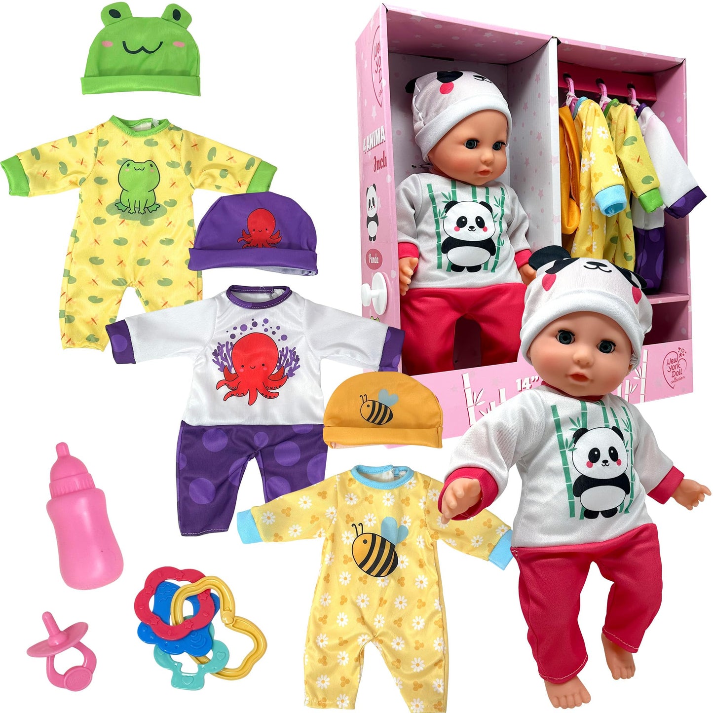 Soft Body Baby Doll with Accessories & 4 Sets of Animal Outfits, Realistic Baby Doll with Clothes & Toys, 14 Inch Doll Play Set Wardrobe Closet, Baby Dolls for Girls, Kids Gift for 3 4 5 Year Old