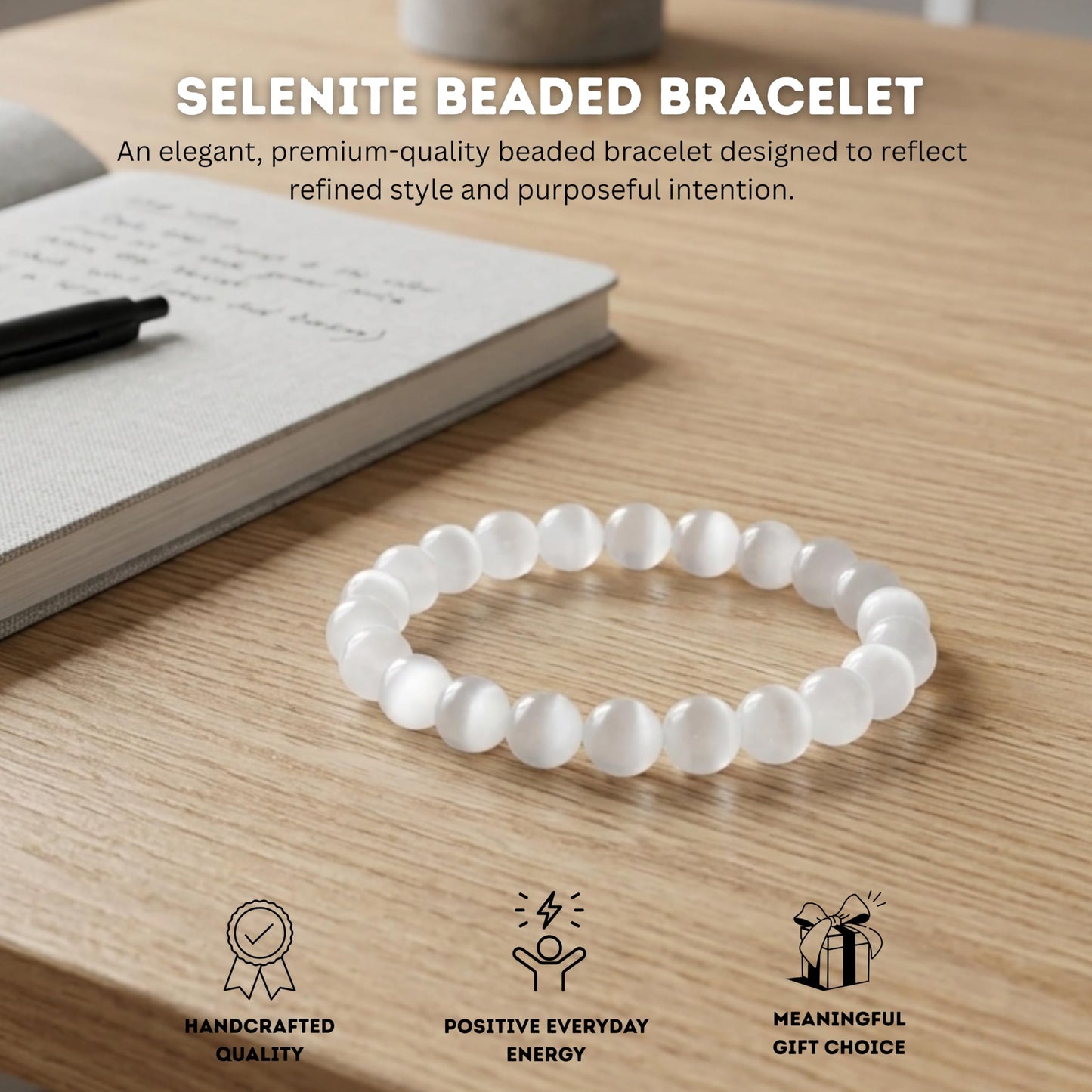 Cherry Tree Collection Selenite Beaded Bracelet – Genuine 8mm Gemstone Stretch Bracelet for Men & Women – Handmade Crystal Bracelet - (Selenite - M)