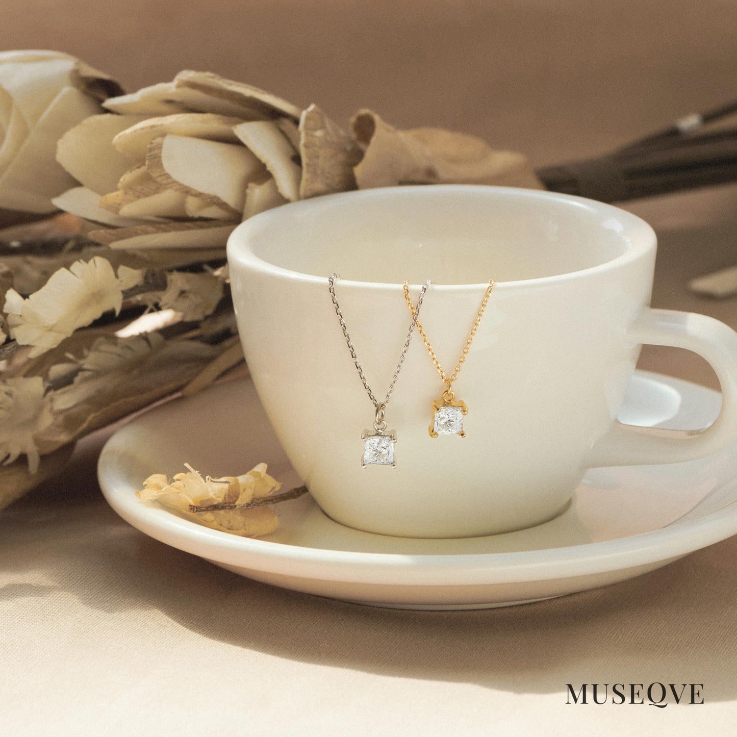 MUSEQVE 14K Gold Plated Solitaire Necklace for Women • Square CZ Diamond Princess Cut Cubic Zirconia Pendant Jewelry • Adjustable Chain Non Tarnish Bridesmaid Gifts [CZN-SQ-S]