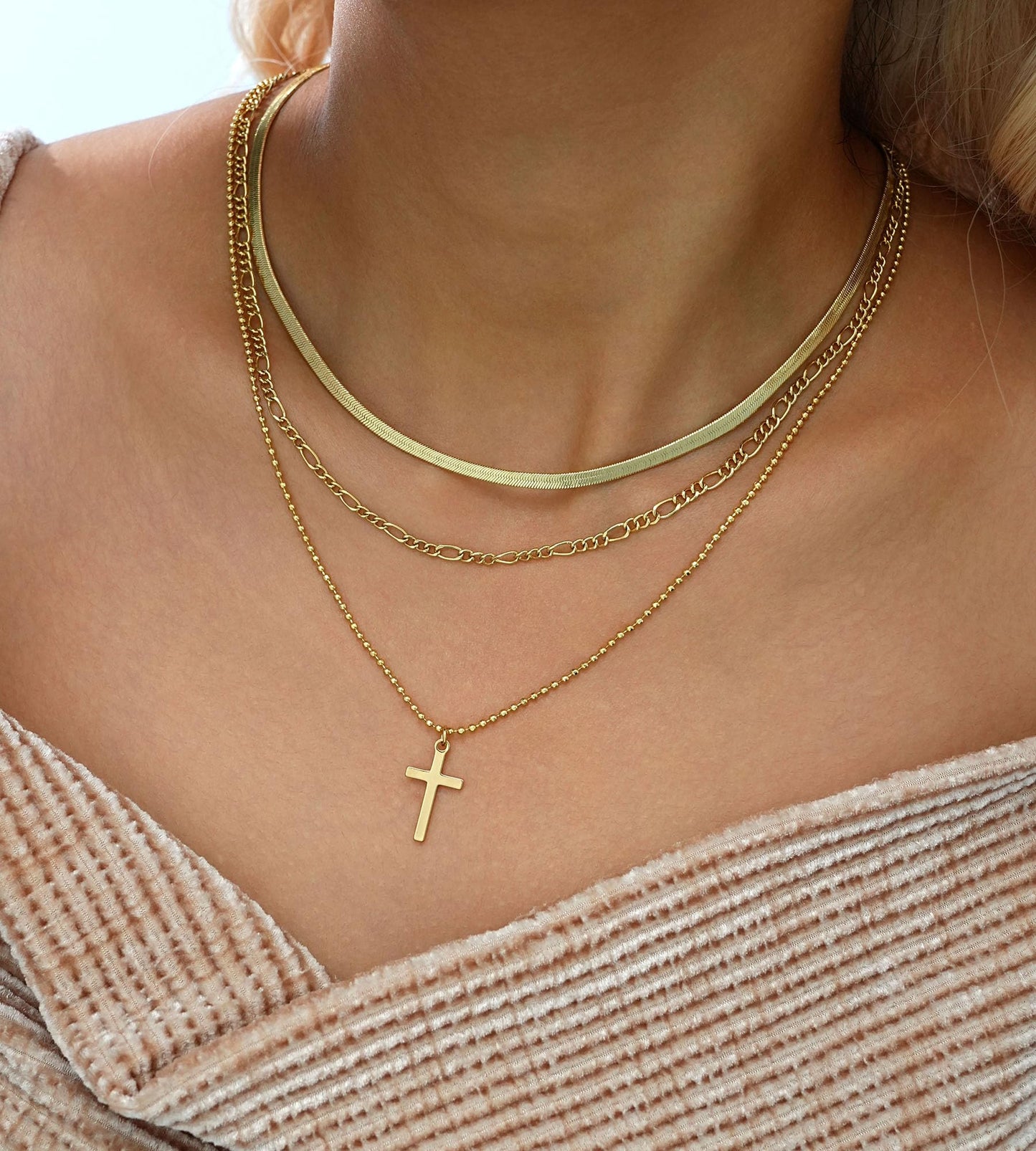 YEEZII Layered Gold Necklaces for Women Trendy, 3 Pcs 14K Gold Plated Choker Paperclip Box Chain Necklace, Stackable Women's Gold Pendant Necklaces Jewelry Set (Gold-3 pcs-Cross)