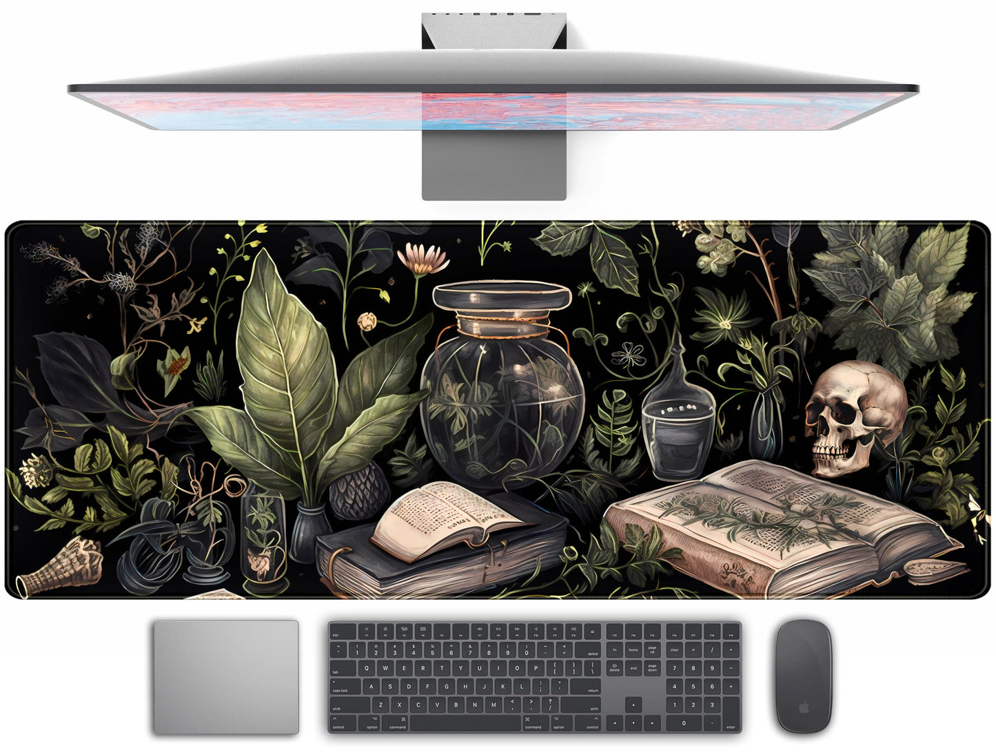 Dark Academia Desk Mat Mouse Pad XL Extended Large Gaming Desk Pad Mousepad, Mystical Green Plant Computer Laptop Keyboard and Mouse Mat, Desktop Protector Mat for Women Girl Office 31.5x11.8 in