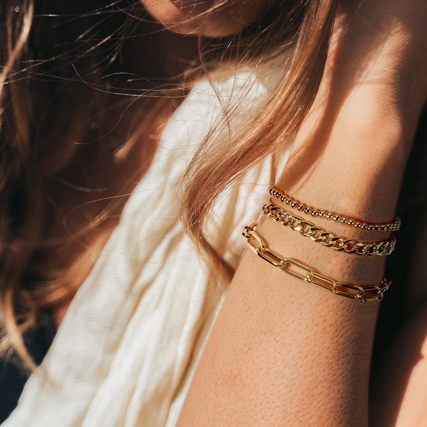 CONRAN KREMIX Gold Chain Bracelet Sets for Women 14K Gold Plated Dainty Link Paperclip Bracelets Stake Adjustable Layered Gold Bracelet for Women Trendy Gold Jewelry