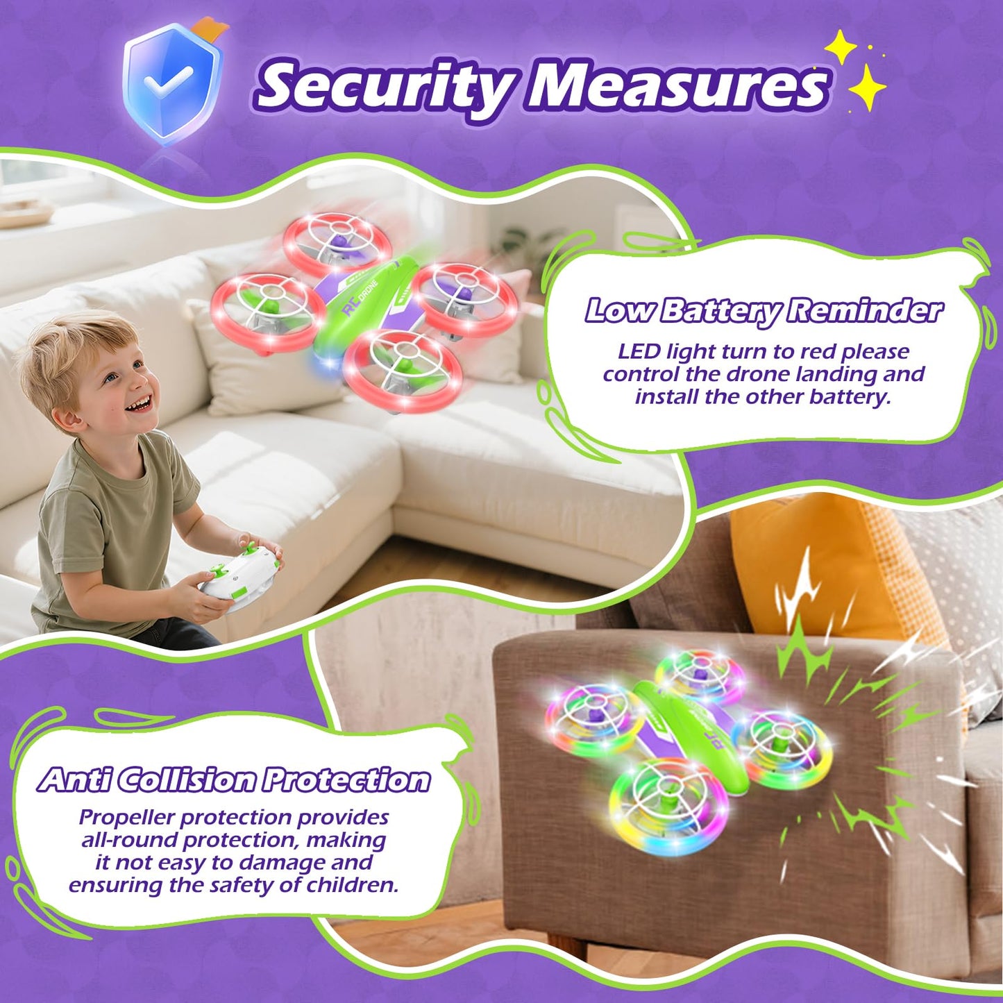 LED RC Drone for Kids 6+, Christmas Birthday Gift for Boys & Girls with Remote Batteries, 360° Flip, High Speed Mode, 45 Min Flight Indoor and Outdoor Flying Toy - GreenPurple