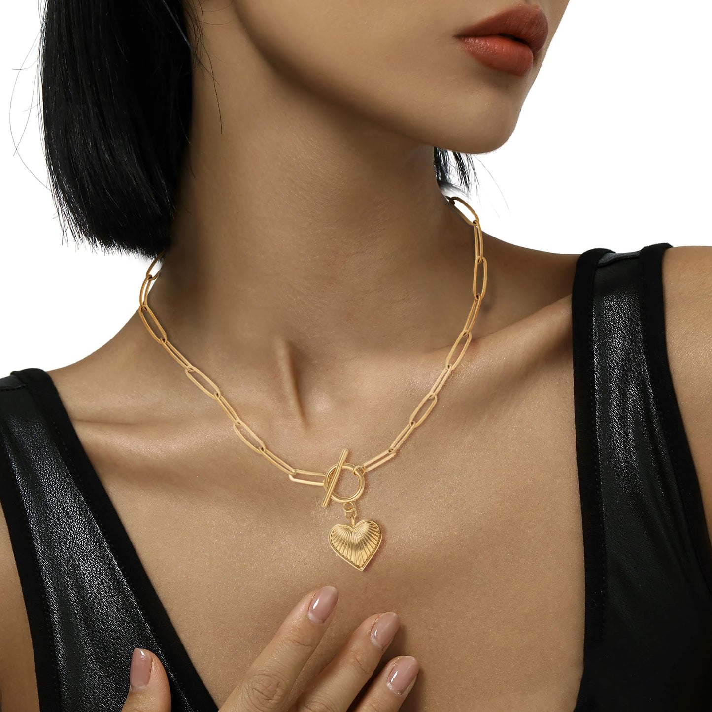 BONJOULRY Heart Necklaces for Women 14K Gold Plated Vintage Retro Chunky Paperclip Link Chain Pendant Choker Necklaces Trendy Jewelry Valentine's Day Gift