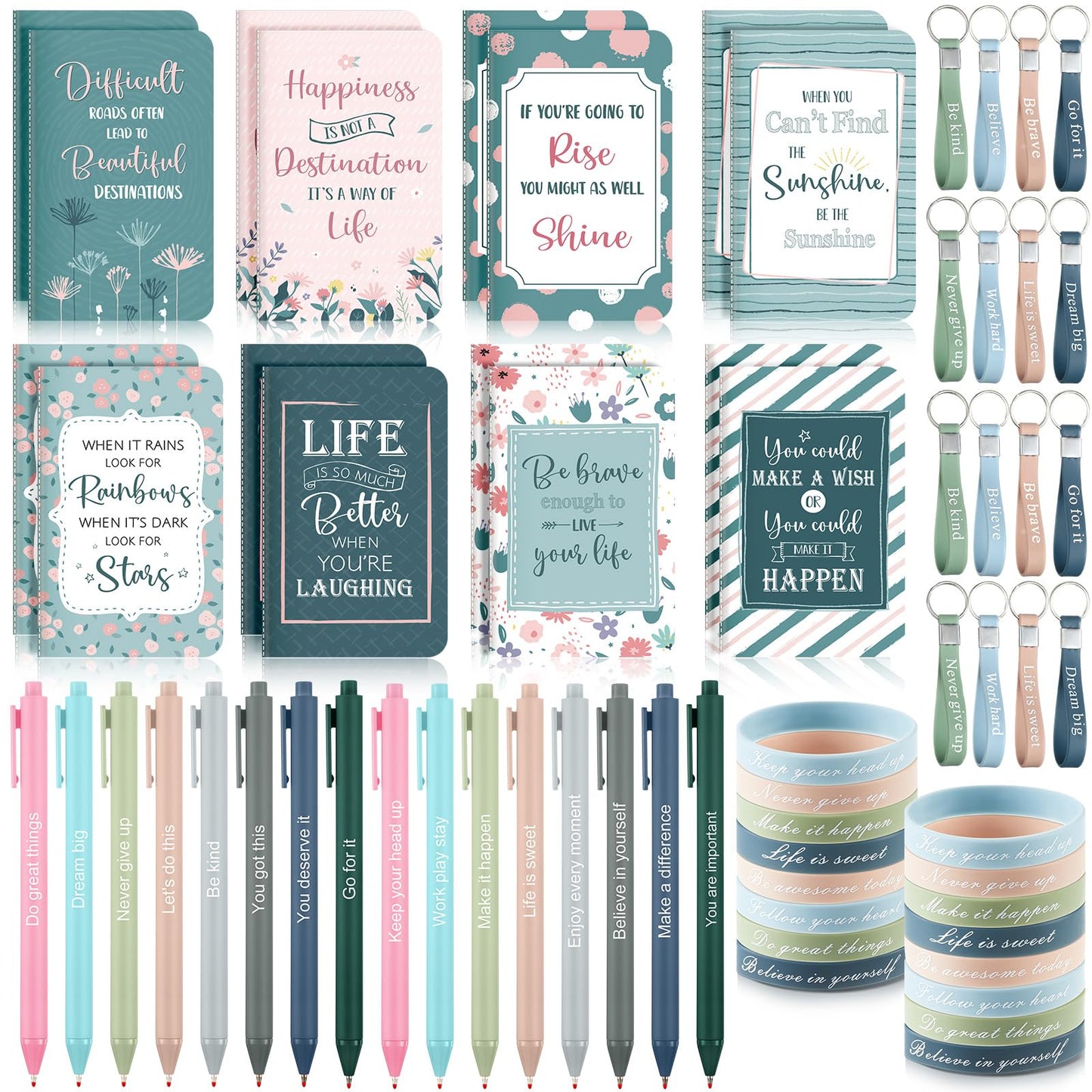 PerKoop 64 Pcs Inspirational Gifts Bulk 16 Motivational Notebooks Journal 16 Ballpoint Pens 16 Wristbands 16 Keychains for Teacher Office Women Employee Party Favor(Morandi)