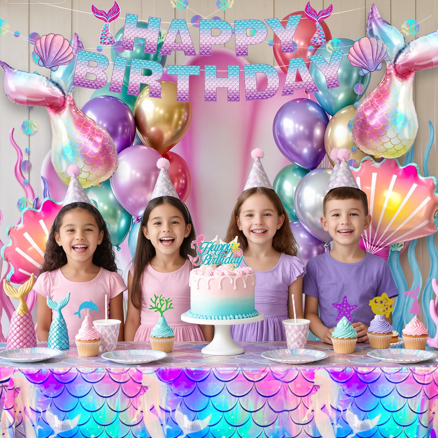 Winrayk Purple Mermaid Party Decorations Birthday Supplies for Girls, Large Foil Balloon with Birthday Banner/ Shell Garland/ Tablecloth/ Metallic Balloon/ Cake Topper, Little Mermaid Party Decoration