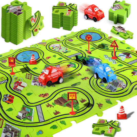 48 PCS Puzzle Race Track Car Set: Toddlers Kids Boys Girls Toys & Gifts for 3 4 5 6 Year Old | Puzzle Tracks Car Toys | with 2 Small Cars Toy and Roadblocks | Play & Learn Toy | Kid for Ages 3-5 4-6