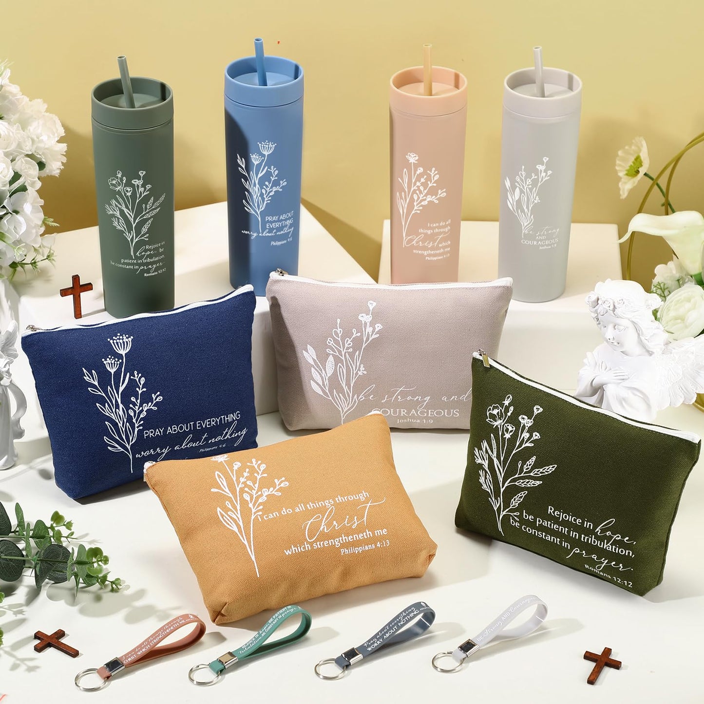 Fumete 4 Set Mothers Day Christian Gifts for Women 16oz Skinny Cup Religious Cosmetic Bag and Bible Verse Keychain Appreciation Church Gifts for Mom Grandma Teacher Dad(Classic Color,Floral)