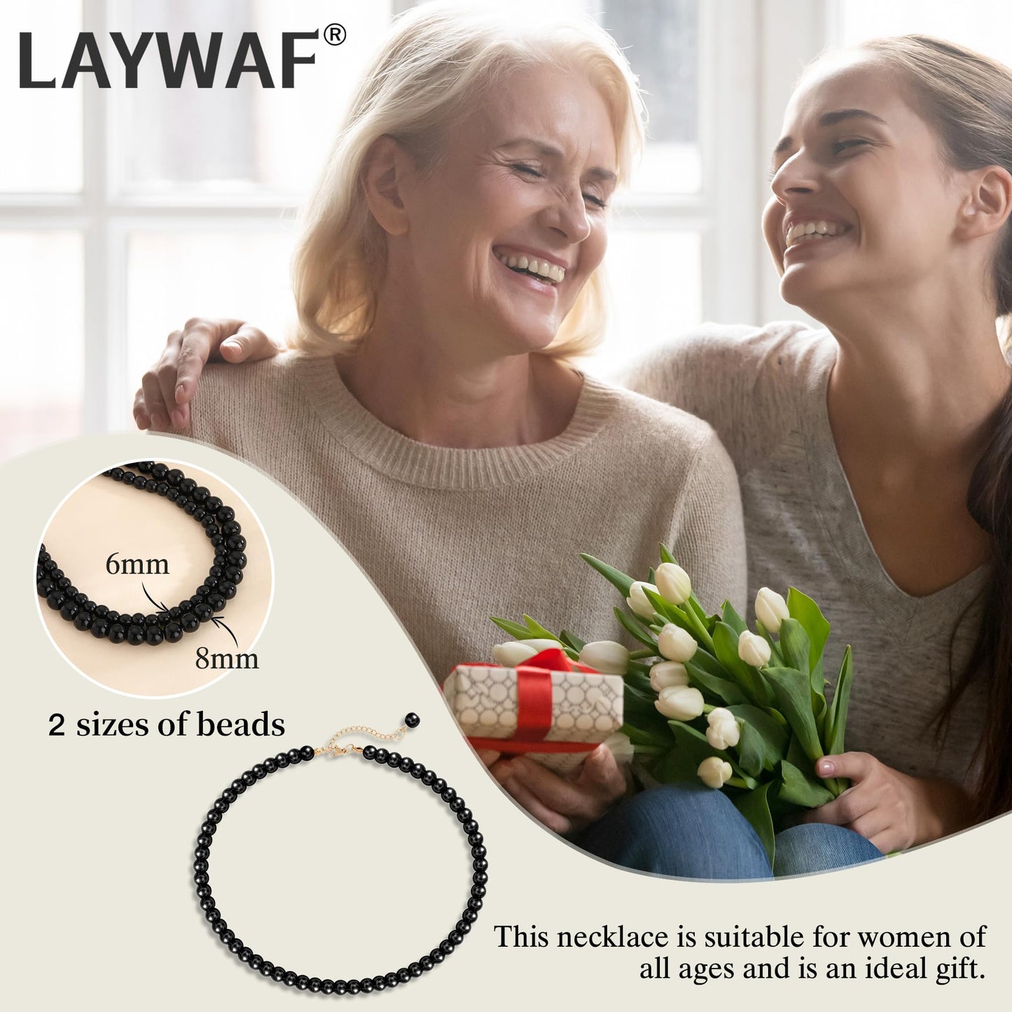 LAYWAF Imitation Pearl Black Necklace for Women Mom, Fake Pearl Choker Necklace, 8MM Beaded Necklace, Simple Faux Pearl Accessories Costume Jewelry