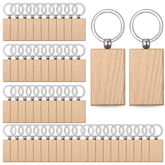 50 Pcs Wooden Keychain Blanks, Unfinished Wood Key Chains Bulk for DIY, Laser Engraving Gifts, Crafting, Gift Making, Rectangle Shape
