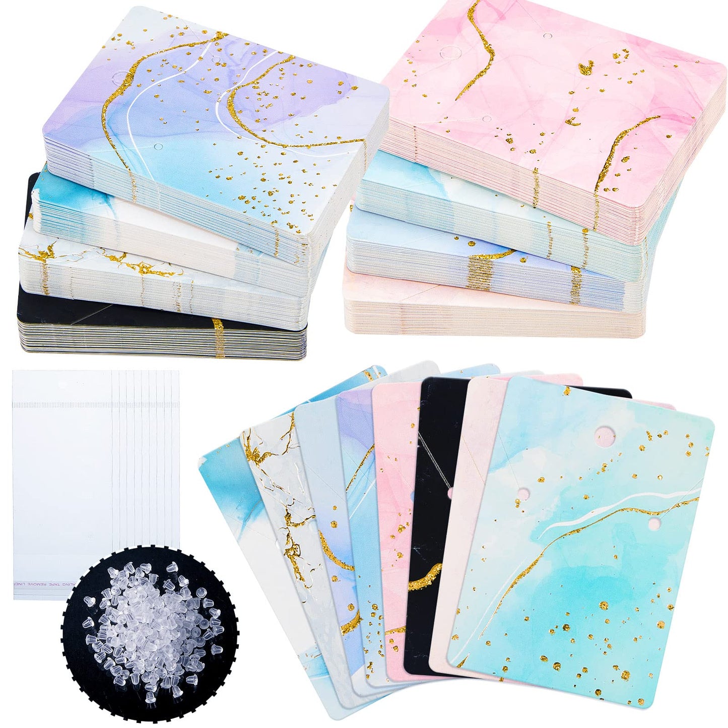 Hicarer 800 Pcs Marble Earring Cards with Holes Backs and Jewelry Packaging Bags Earring Cards for Selling Jewelry Display Card Holder for DIY Necklace Display, 2 x 2.8 Inches