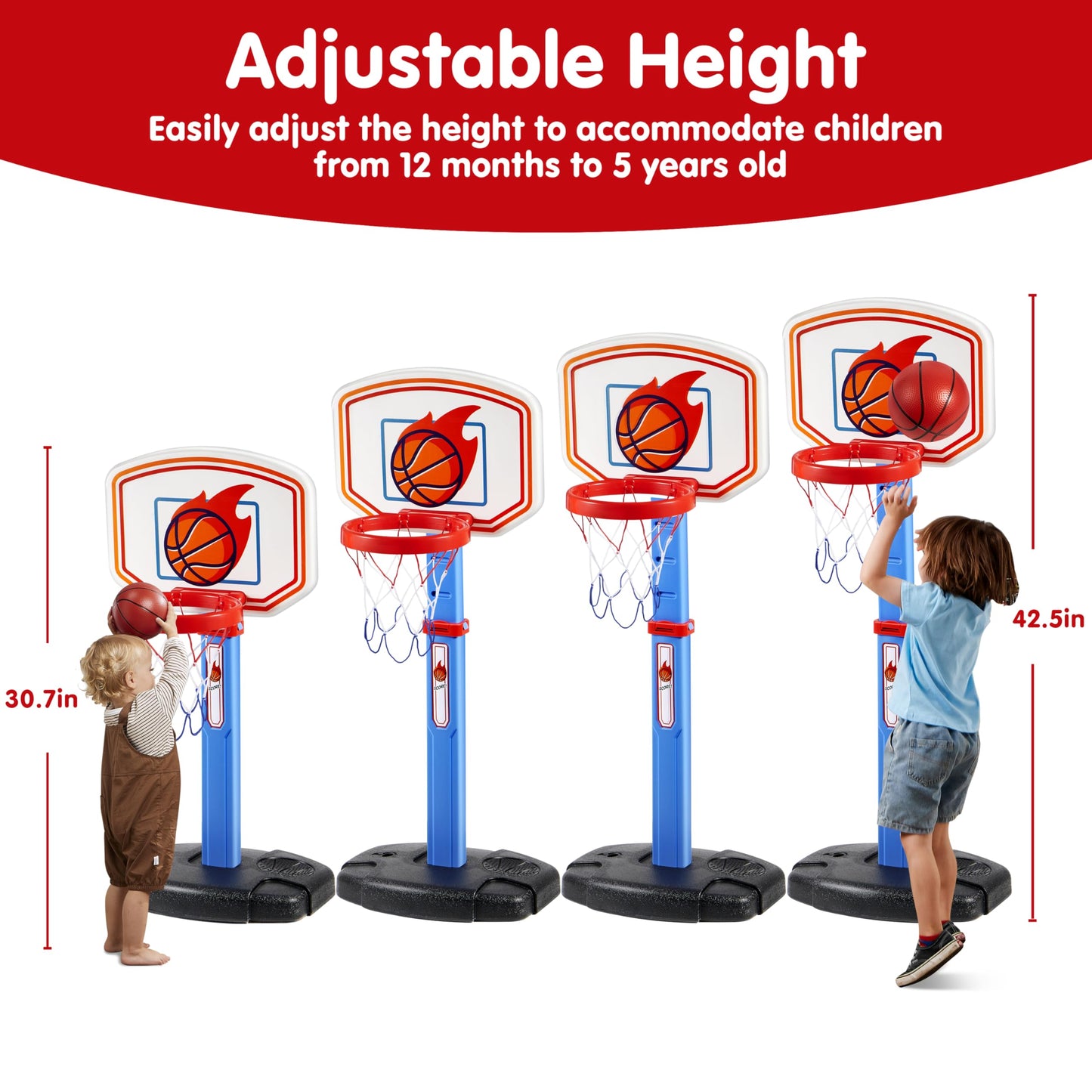JOYIN Toddler Basketball Hoop Indoor, Adjustable Basketball Goal for Kids with 4 Balls, Game Toys for Playroom Pool Outdoor, Birthday Gift for Baby Boys Girls Age 1 2 3 4 - Air Pump Included