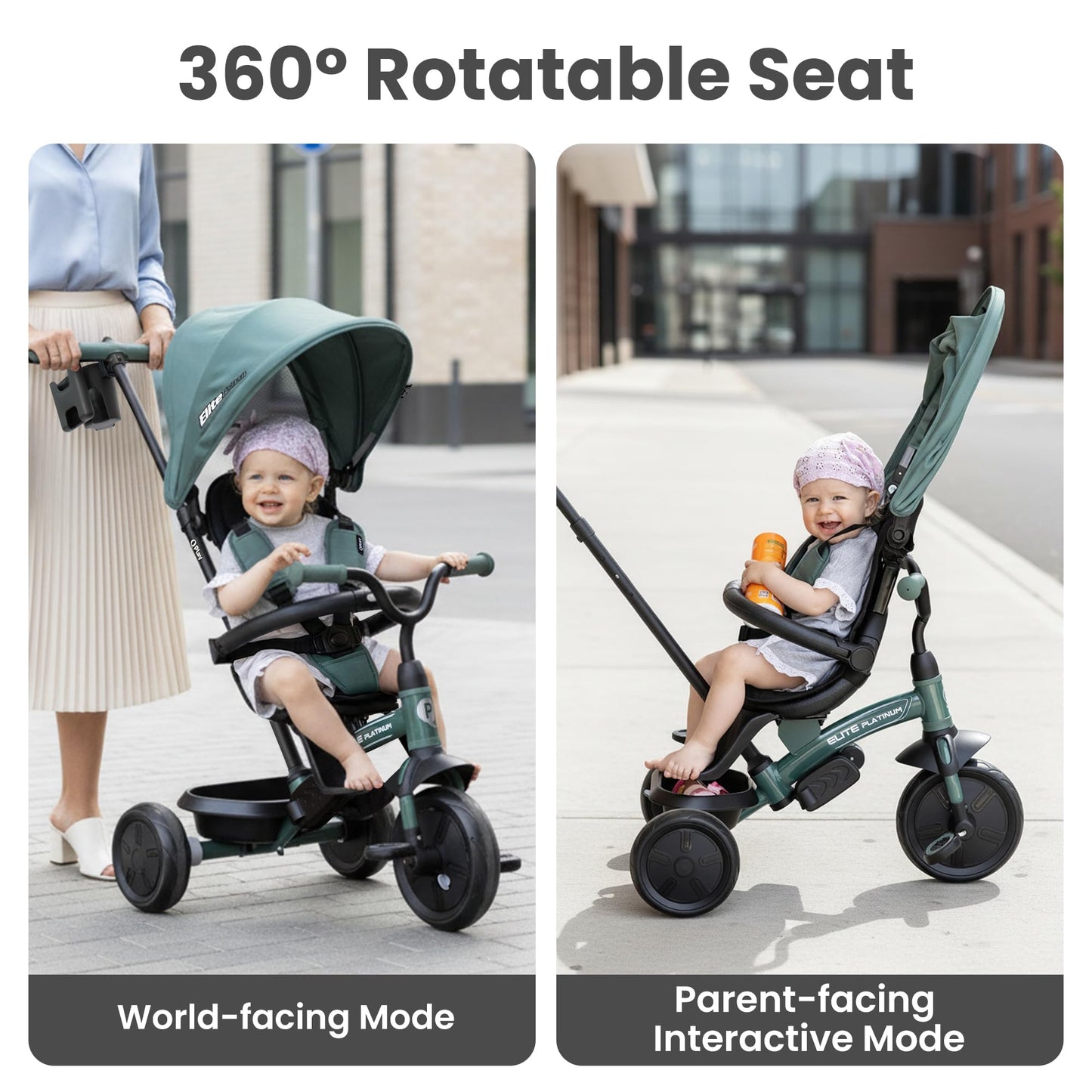 QPlay Baby Tricycle Ages 10 Months - 6 Years,6 in 1 Toddler Tricycle Stroller with Adjustable Parent Handle,Safety Harness & Wheel Brakes,Removable Canopy, Trike Bike Gifts for Boys & Girls (Green)