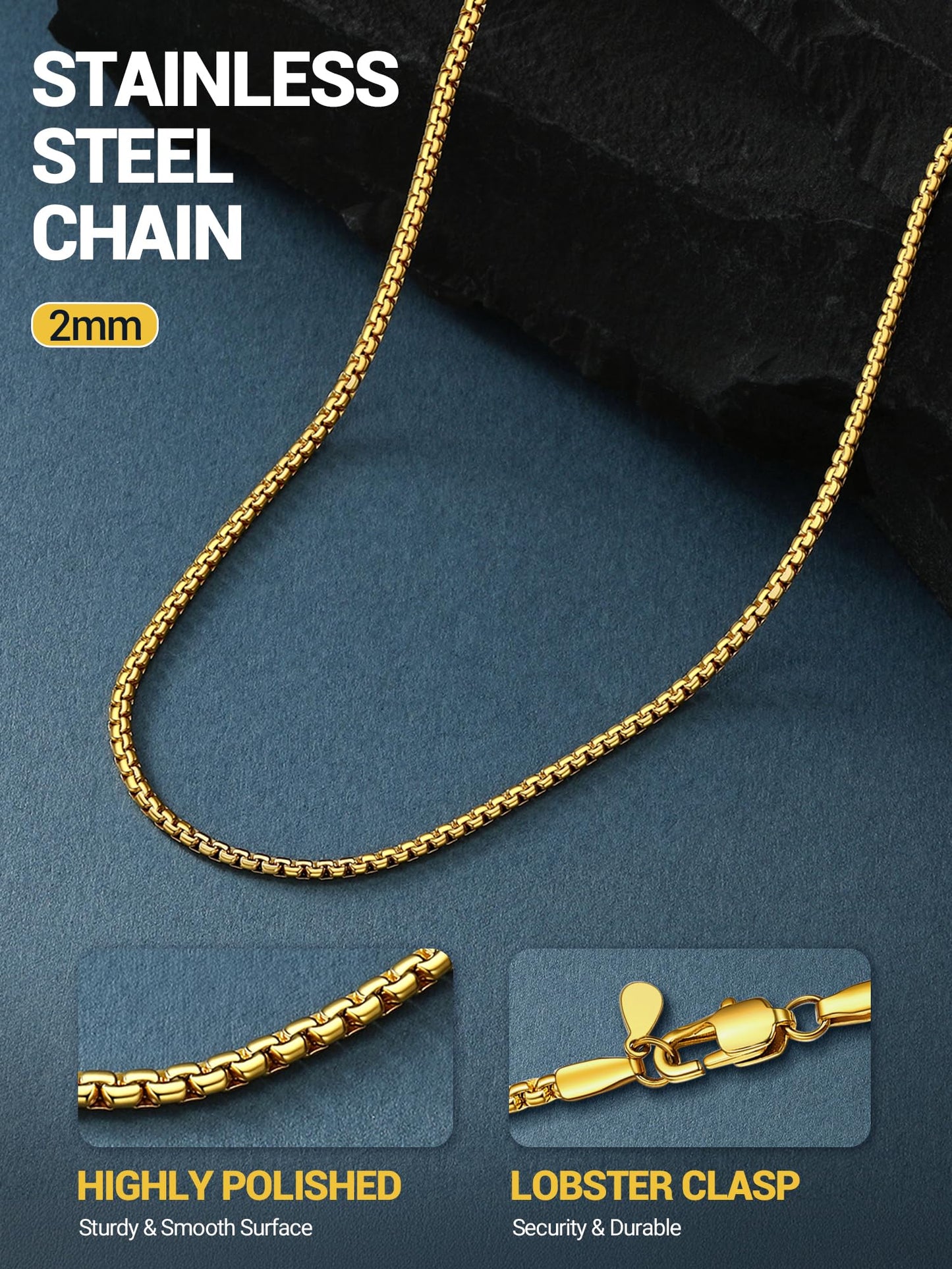 PROSTEEL 18K Plated Gold Necklace 2mm Men Chains Stainless Steel Male Jewelry 20inch
