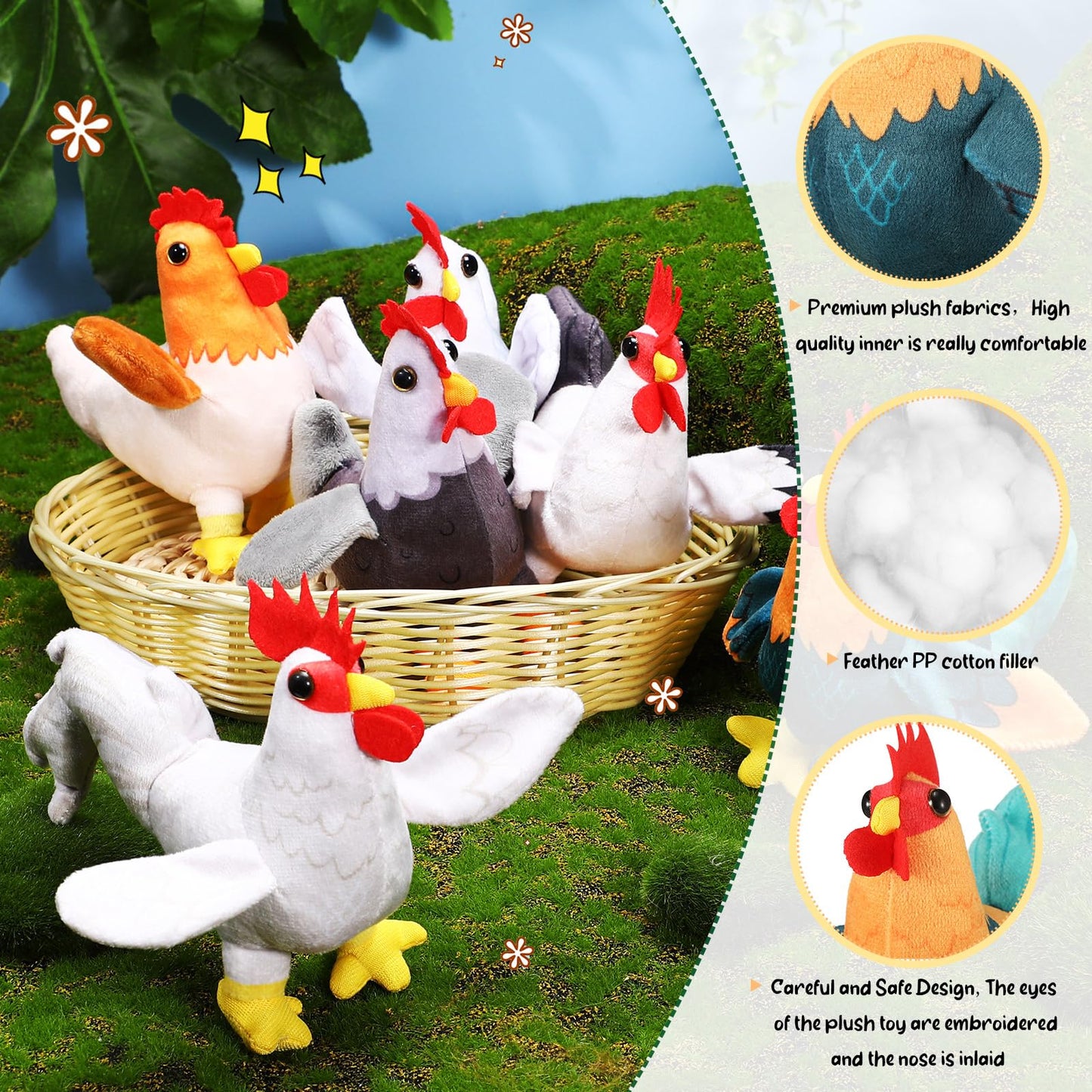 Kasyat 6 Pieces Mini Plush Furry Farm Animal Toys Soft Horse Pig Cattle Rabbit Dog Sheep Doll Stuffed Plush Farm Animals for Birthday Party Decoration(Chicken and Rooster)