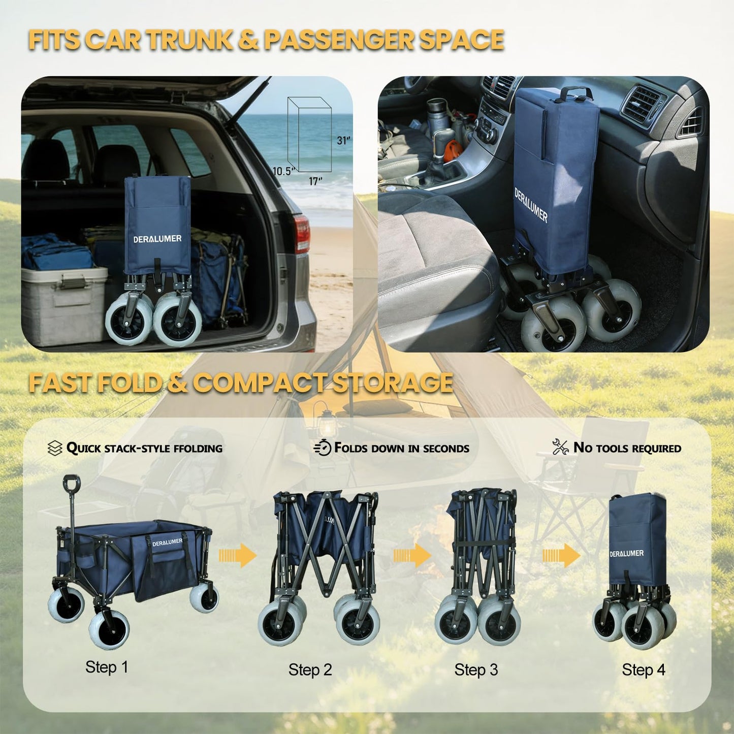 Deralumer X900 Beach Wagon for Sand with 9"×4" Big Wheels, Extra Large Heavy Duty Folding Wagon with Expandable Tailgate & Side Bag, All Terrain Collapsible Utility Cart (X900 9×4" PU Wheels)