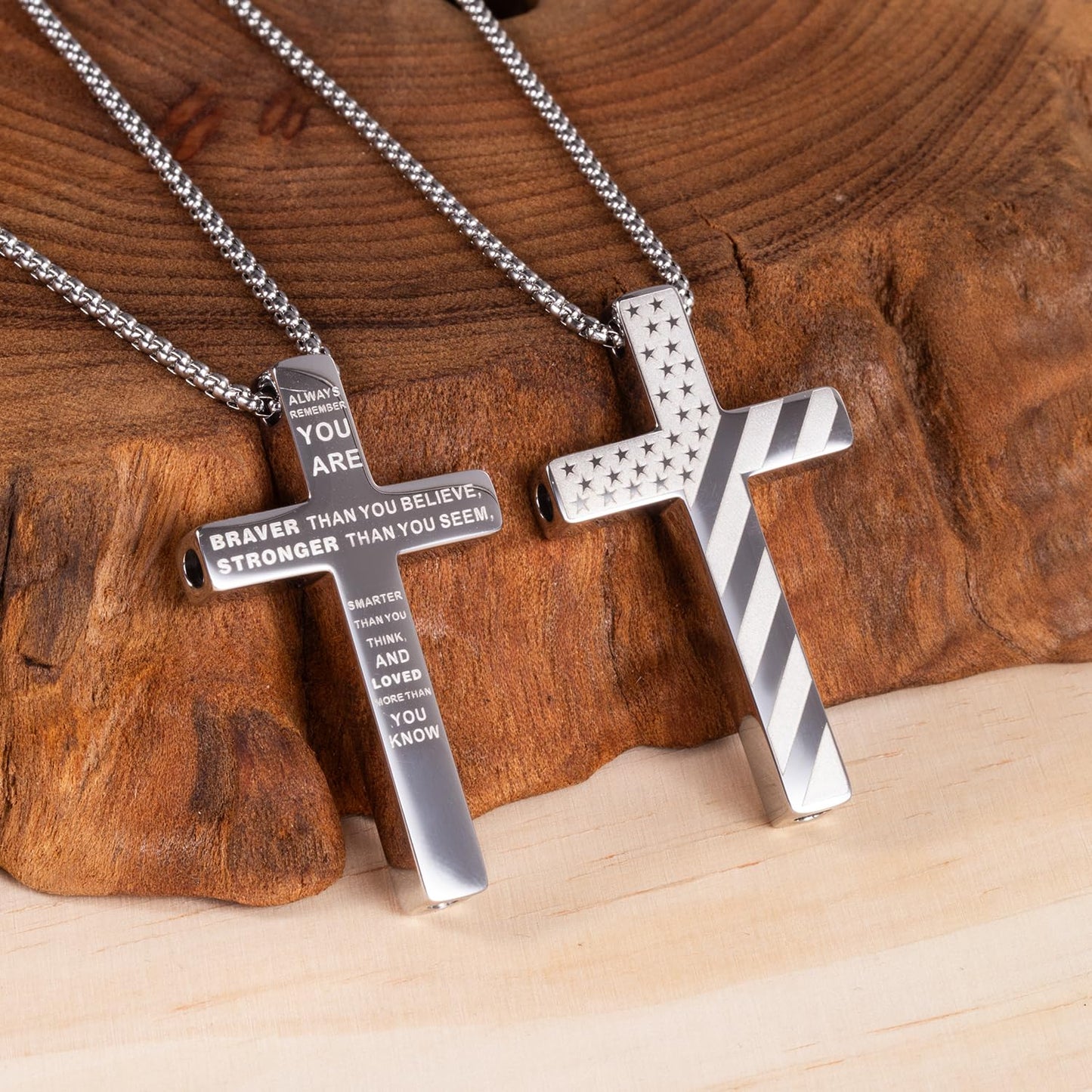 FUNPAR American Flag Cross Breathing Necklace, Stainless Steel Patriotic Jewelry, Inspirational Bible Verse Cross Necklace, Anxiety Relief Items for Men Christian Gift(Silver 0000)