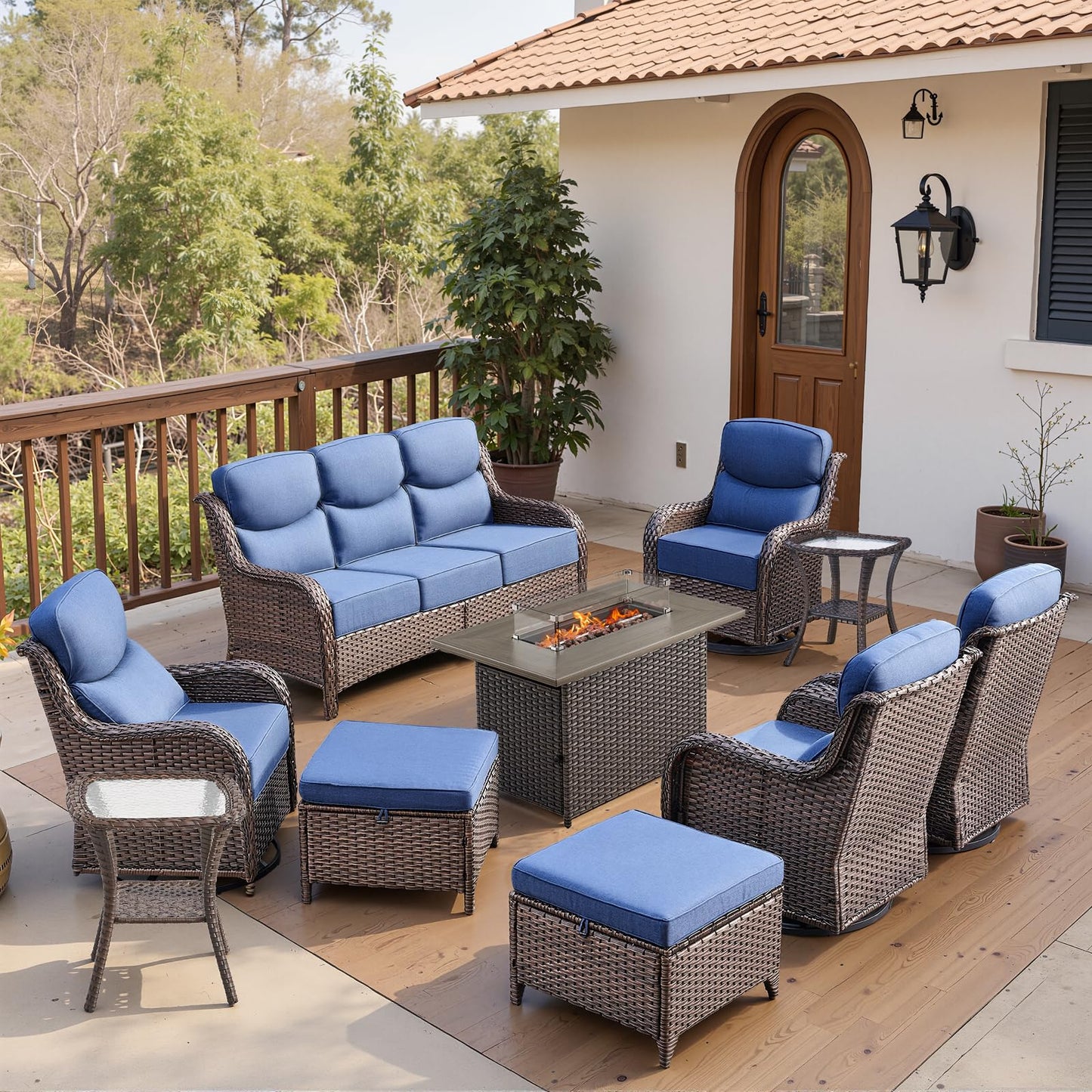 Belord Luxury 6" Thick Cushioned 10 Pieces Patio Furniture Set with Fire Pit Table, Wicker Outdoor Conversation Set with High Back Swivel Rocker Chairs for Deck Porch Yard and Poolside - Brown+Blue