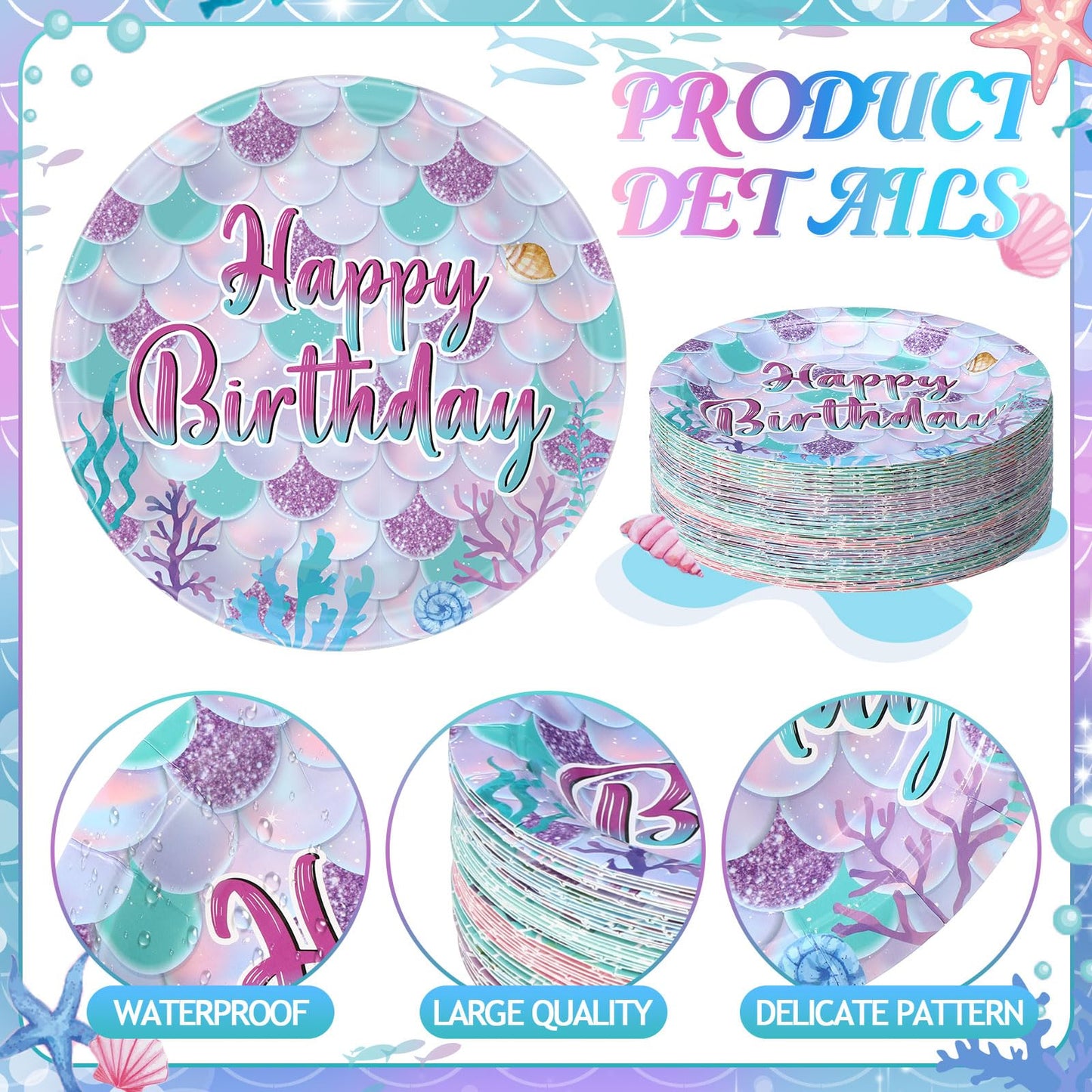 Funnymoom 60 Pcs Mermaid Birthday Party Decor 7 Inch Mermaids Dessert Paper Plates Under the Sea Disposable Dinner Cake Plates Princess Shell Dinnerware for Ocean Baby Shower Party Supplies