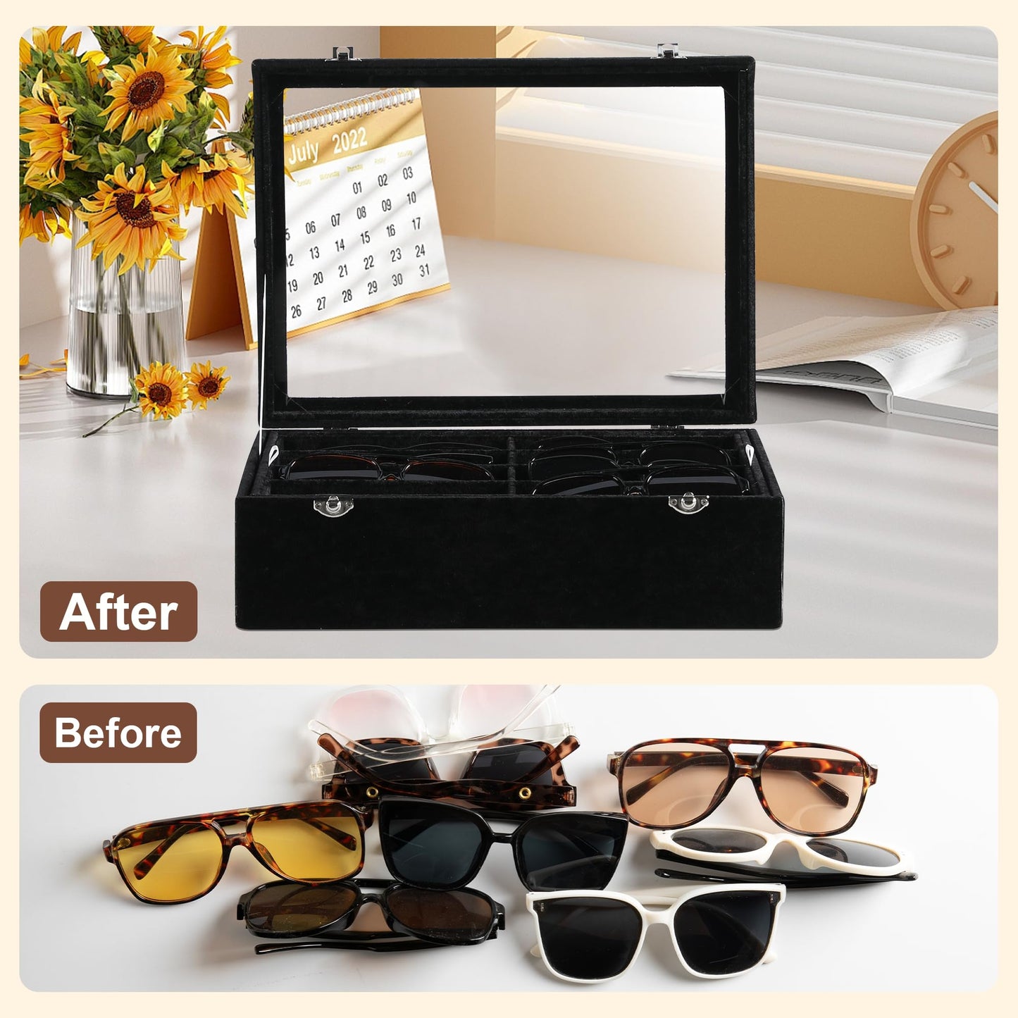 Frebeauty 16 Slots Sunglasses Organizer,2 Layer Velvet Sunglasses Tray with Glass Lid,Multiple Pairs Sunglass Display Case for Man or Woman,13.7 * 10.25 * 4.1 Inches Eyeglass/Eyewear Box (Black)