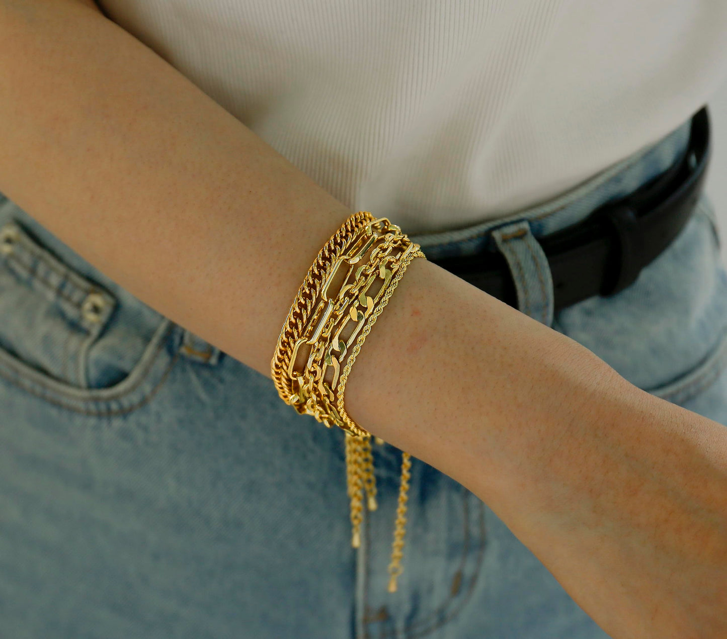 CONRAN KREMIX Gold Filled Bracelets For Women Dainty 14K Real Gold Plated Chunky Chain Layered Paperclip Rope Chain Stake Stackable Bracelet Set Fashion Trendy Gold Jewelry For Women