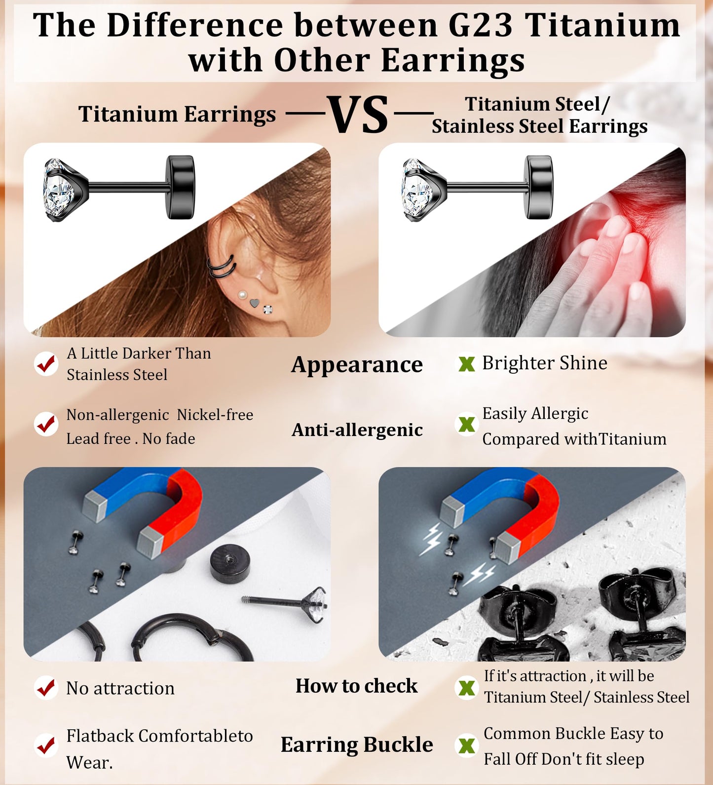 MJust Titanium Earrings for Sensitive Ears 20G Hypoallergenic Stud Hoop Earrings for Women Men Opal Ball CZ Heart Pearl Flat Back Earrings Cartilage Earrings Set