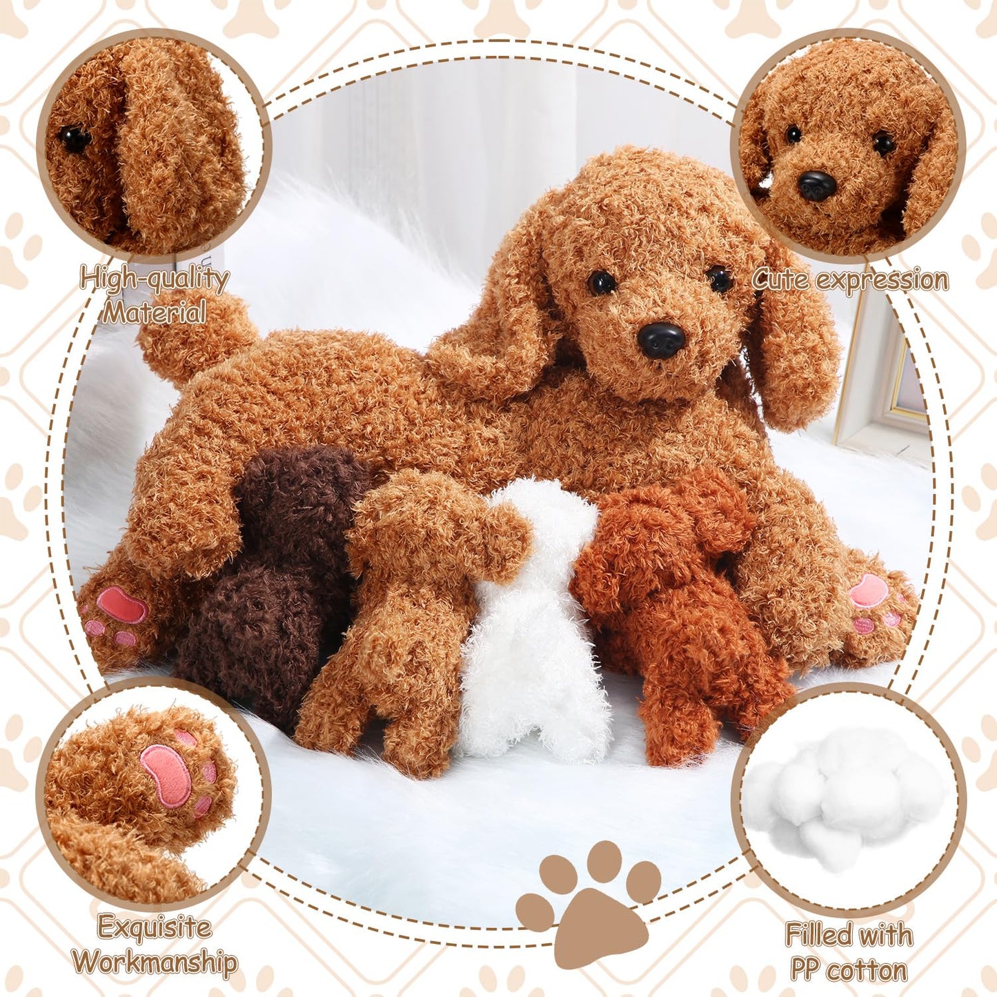 Honoson Nurturing Dog Mommy Plush Set with 4 Baby Puppies Soft Cute Dog Themed Stuffed Plush Toys for Kids Girls Boys Easter Birthday Gifts(Curly)