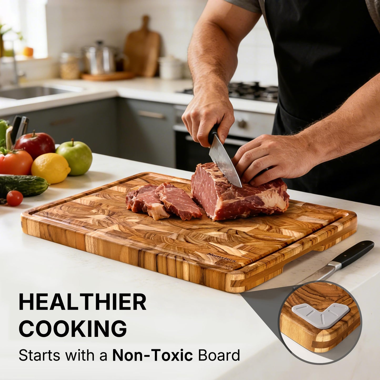 Teak Wood End Grain Cutting Board Set of 3 with Non-slip Feet, Reversible Cutting Boards for Kitchen with Juice Grooves and Handles Non Toxic Chopping Board Butcher Block Serving Tray Kitchen Sets