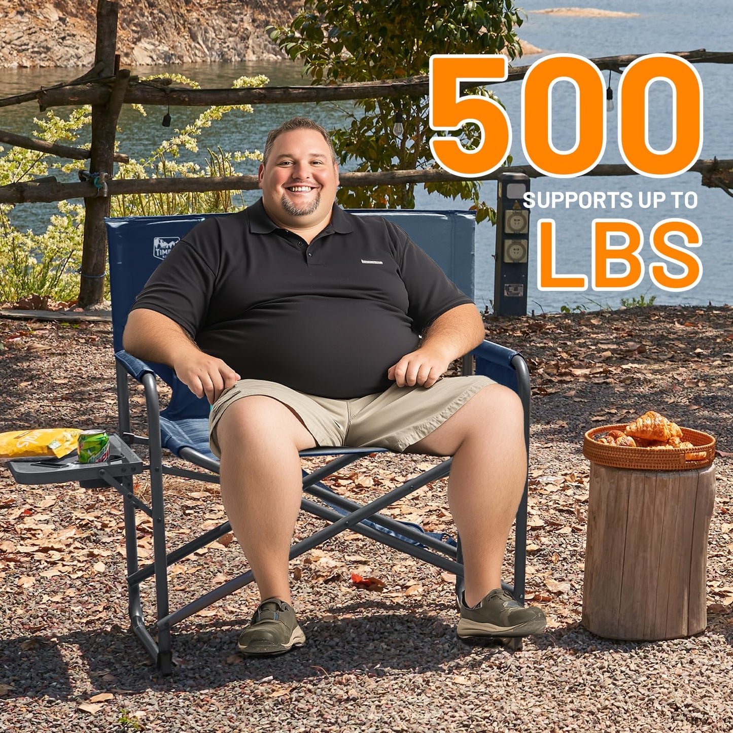 Timber Ridge XXL Director’s Chair – Heavy Duty Folding Camping Chair for Adults, 500 lb Capacity, Extra Wide Padded Seat for Camping, Sports, Lawn, Courtyard, and Outdoor Use, Blue