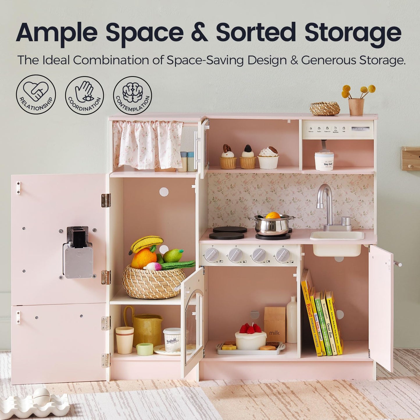 Tiny Land Play Kitchen for Kids, Upgraded Wooden Kitchen Toy with Complete Play Areas, Pretend Cooking Set with Sink, Stove, Microwave, Toy Coffee Station & Storage for Kids Ages 3+