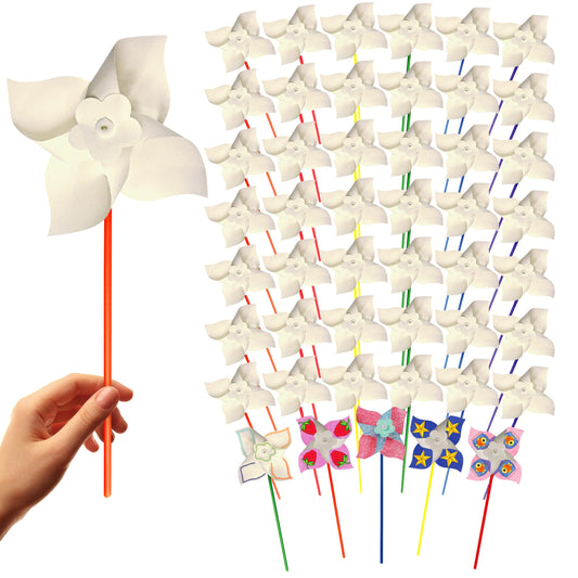 4E's Novelty DIY Pinwheels Craft for Kids (48 Pack) Color Your Own White Pinwheels, Bulk Summer Spring Craft Kit for Boys & Girls, Arts and Craft Party Activity, Church Easter Crafts