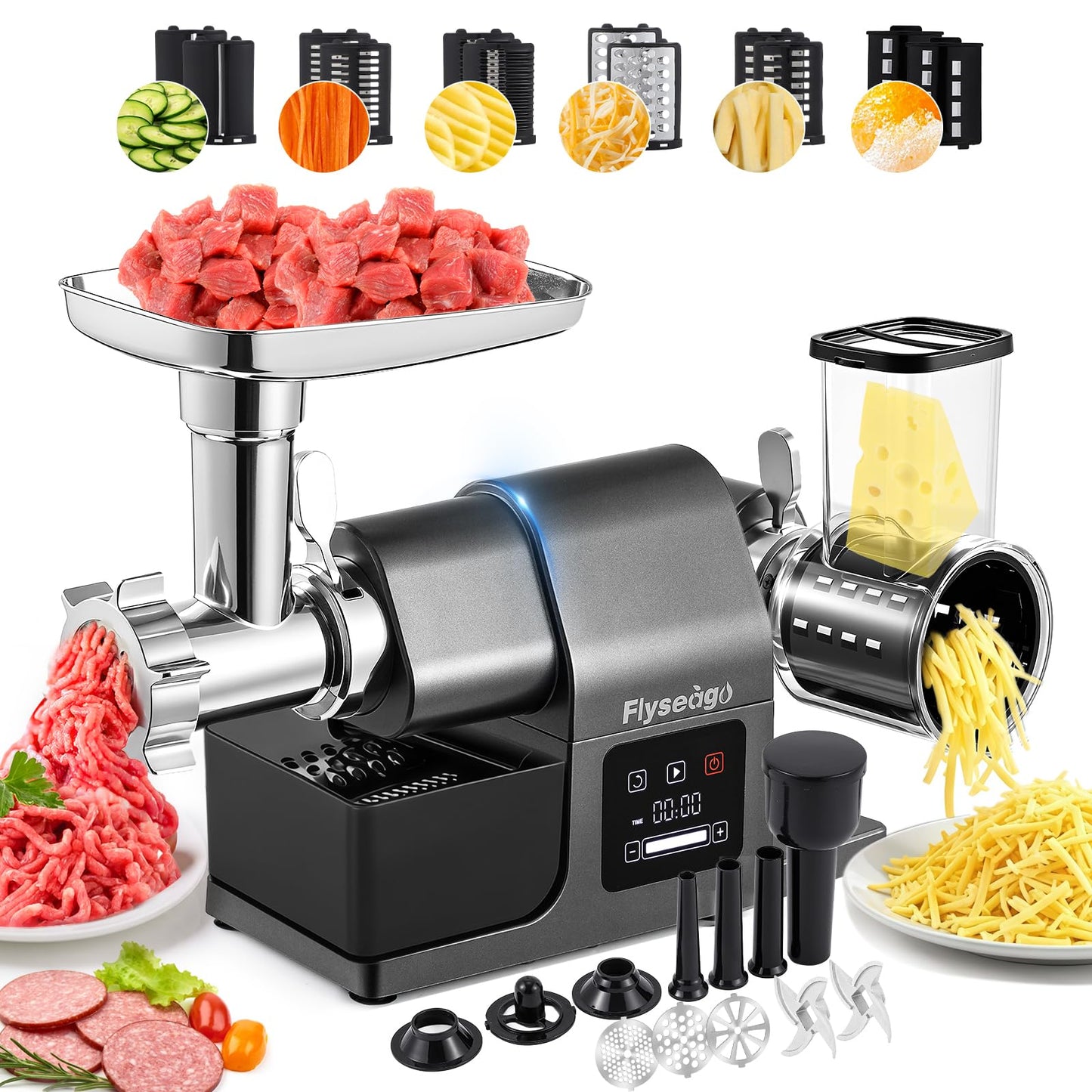 Flyseago Multifunctional Meat Grinder Electric 3200w Digital Touch Control Commercial Heavy Duty Meat Grinder, Veggie Slicer, Ice Cutter Sausage Stuffers and Kubbe Kit for Household Use & Commercial