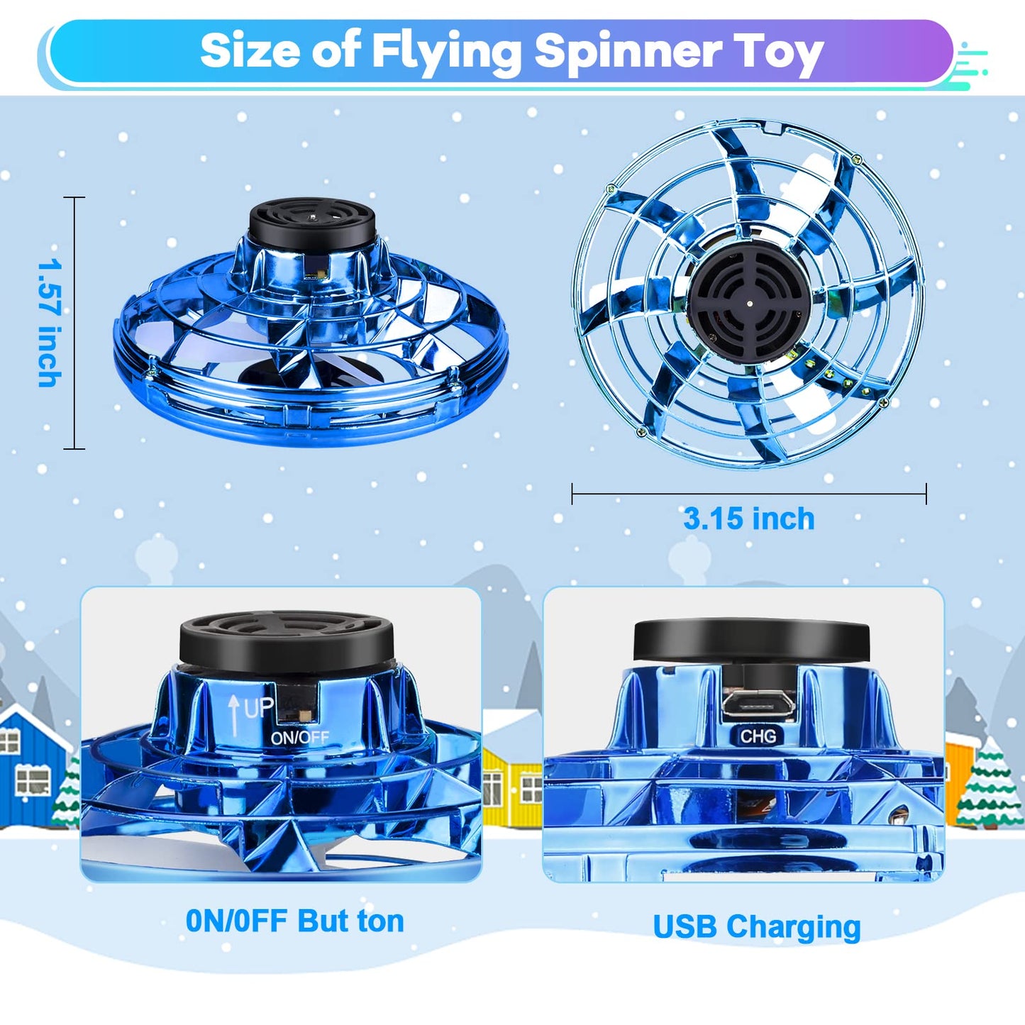 Vantexi Drone for Kids Flying Toys, 2026 Upgrade LED Fidget Spinner, Hand Operated Fidget Flying Spinner Toy for Indoor Outdoor, Christmas Birthday Gifts for 6 7 8 9 + Year Old Boys Girls (Blue, ABS)