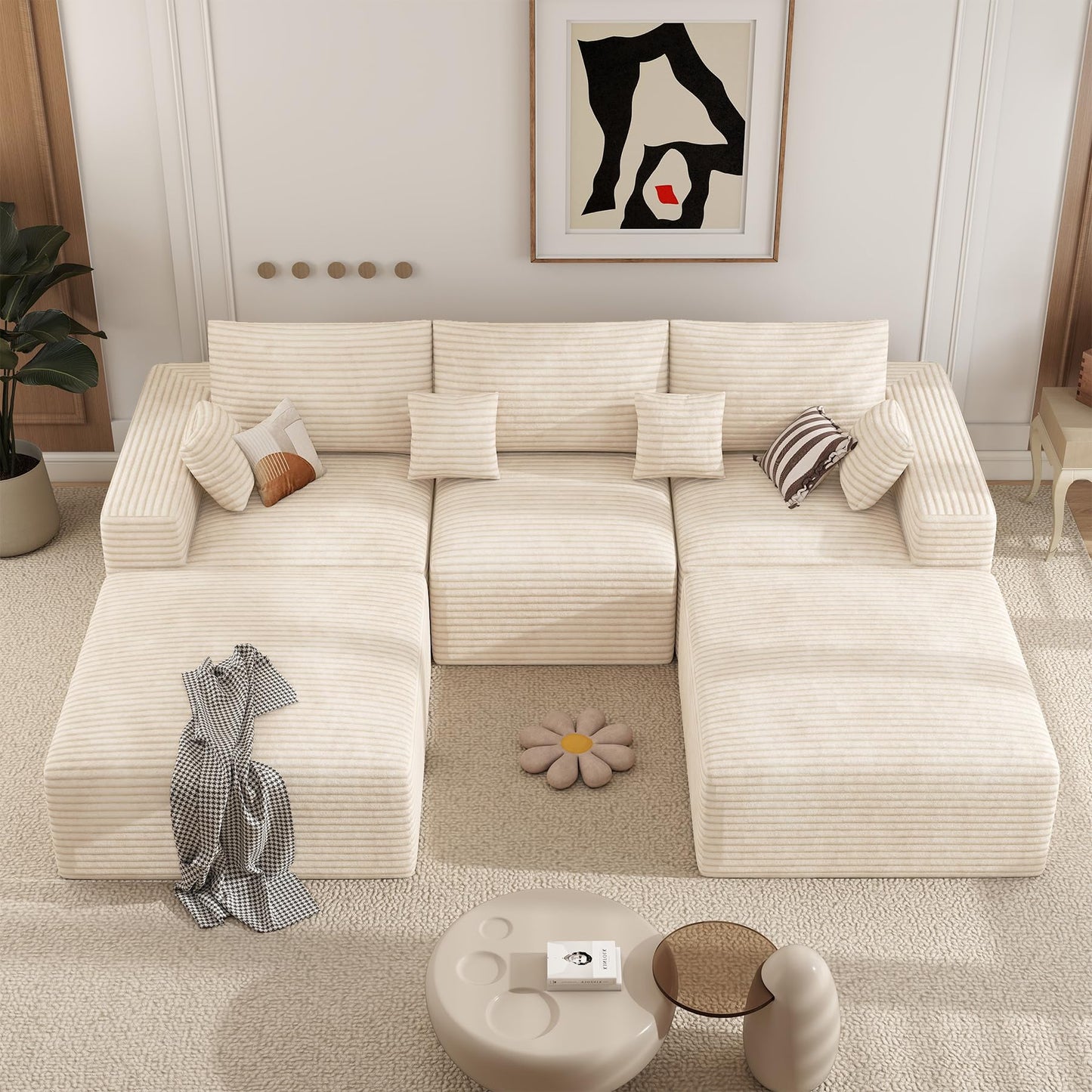 113" Modular Sectional Sofa, Convertible U-Shaped Cloud Couches for Living Room with Ottoman, 5 Seater Corduroy Boneless Couch Sofa Set, No Assembly Required, Beige 1 PCS