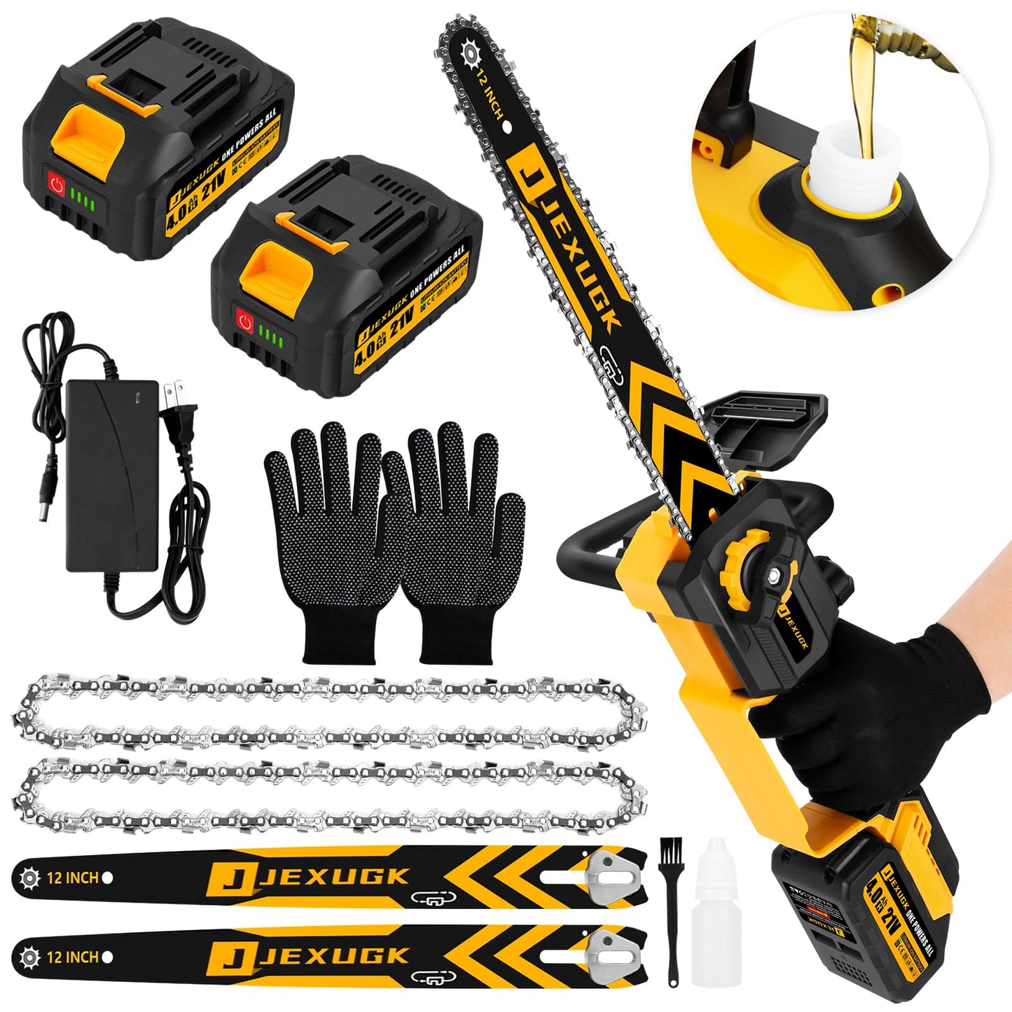 JEXUGK 12" Brushless Chainsaw, 21V Cordless Chainsaw with 2 x 4.0Ah Battery, Electric Motosierra De Gasolina with 2 x Chains & Guide Plate, Eléctrica Rechargeable Saw for Wood Cutting Trimming Branch