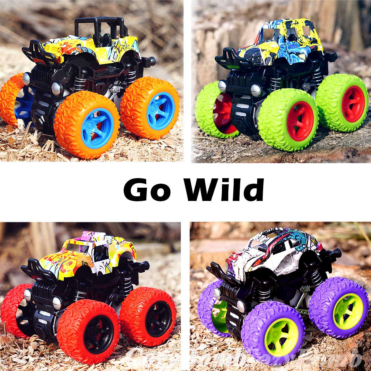 CozyBomB Friction Powered Monster Trucks Toys for Boys/Girls - Push and Go Car Truck Playset, Inertia Vehicle, Kids Birthday Christmas Party Supplies Gift 3 Years Old (Purple, Red, Orange, Green)