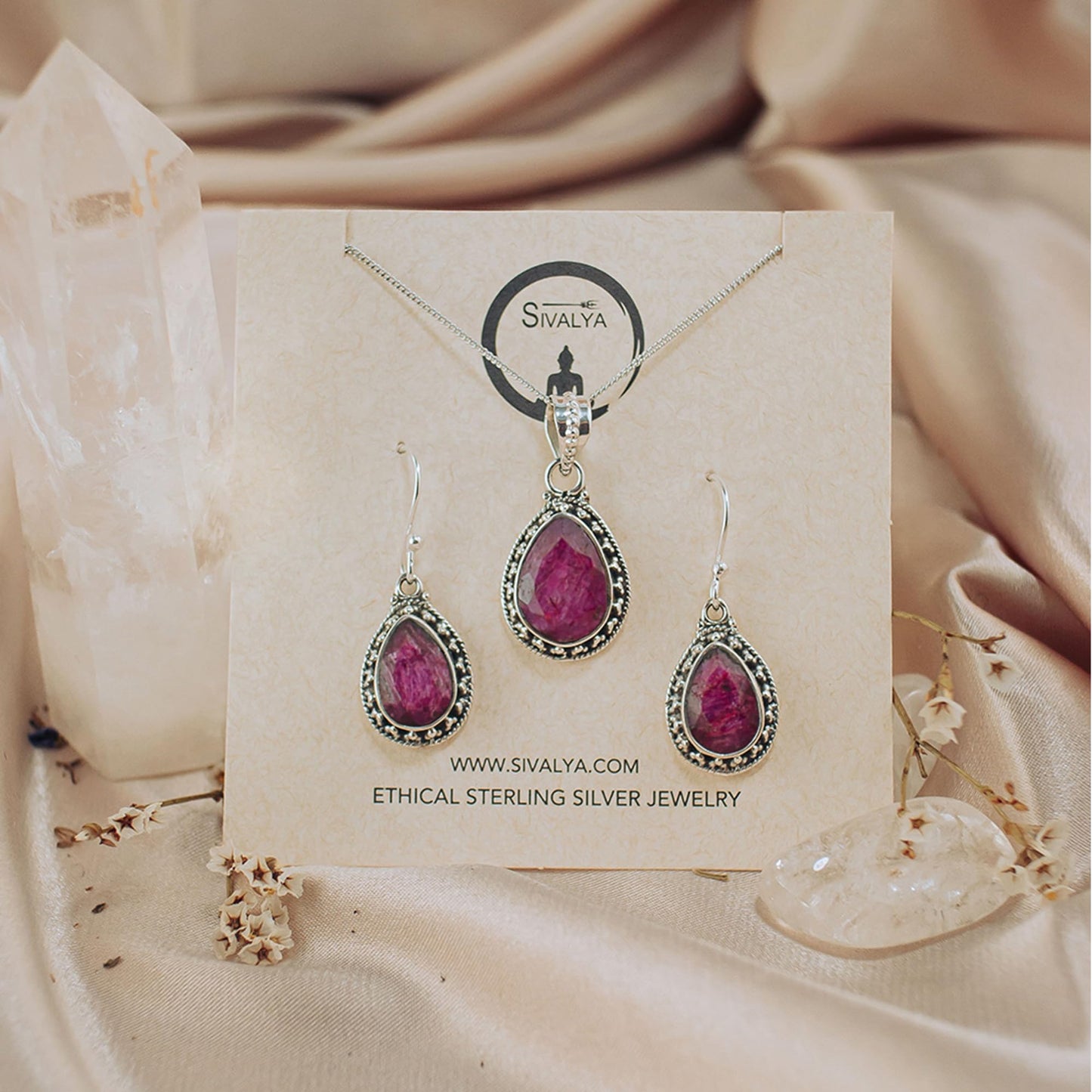 Sivalya AMALFI Raw Ruby Necklace and Earring Set in Solid Silver - Jewelry Set for Women in 925 Sterling Silver - Natural Pear Stones - Raw Ruby Gemstone Jewelry- Gift Packaging Included