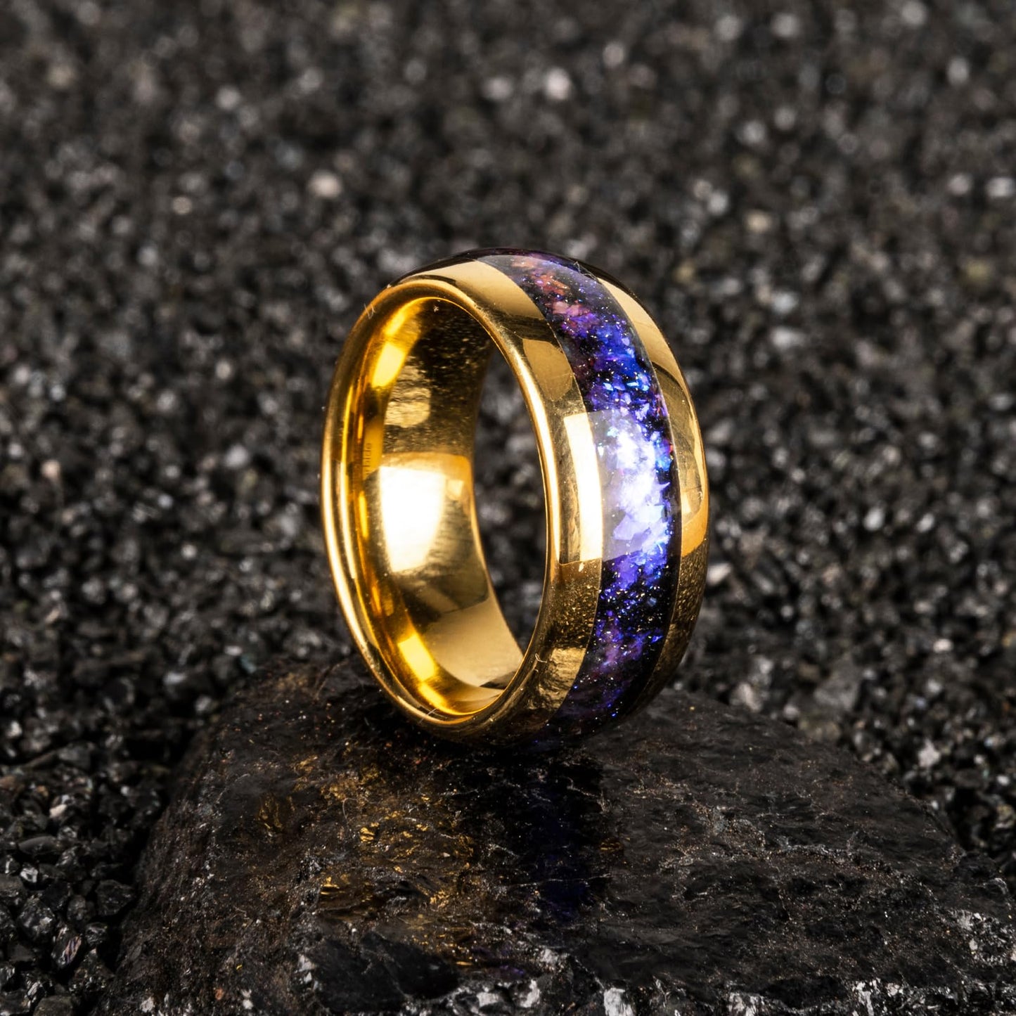 JEWPER 8mm Men Womens Wedding Band Tungsten Rings Gold Fashion Promise Carbide Inlaid Galaxy Sandstone Matte Finish Edge Comfort Fit Size(10)