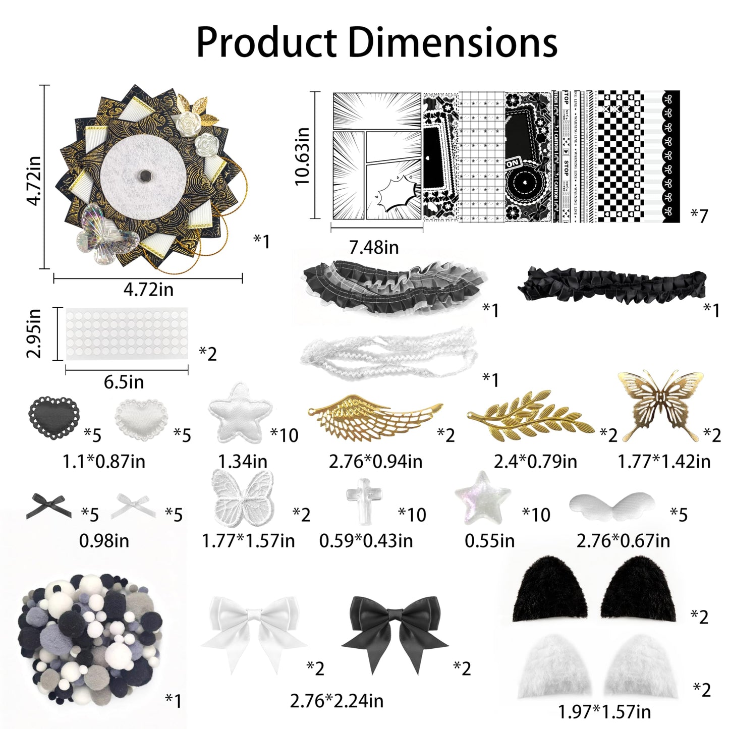 85 Pcs DIY Ita Bag Accessories with Insert Panels,Ribbons,Ita Bag Decor with Bows, Wings, Hearts, Stars, Pom-Pom, Making Supplies for Handicraft Enthusiast, Celebrity Fan, Anime Fan (Black)