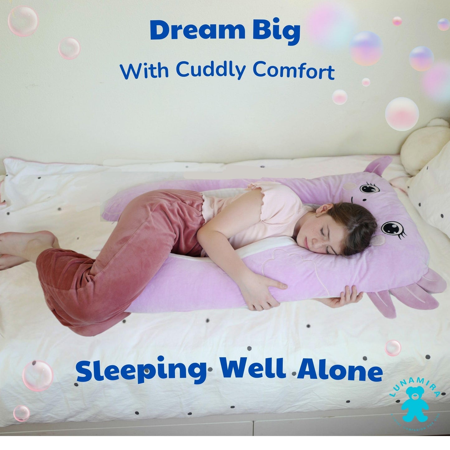 LUNAMIRA Axolotl Kids Body Pillow - 47" U-Shape Long Plush Soft Animal Pillow for Kids, Sleeping, Reading, ADHD & Special Needs Comfort, Anxiety, Washable Cover, Snuggle Fun Cuddle for Boys & Girls
